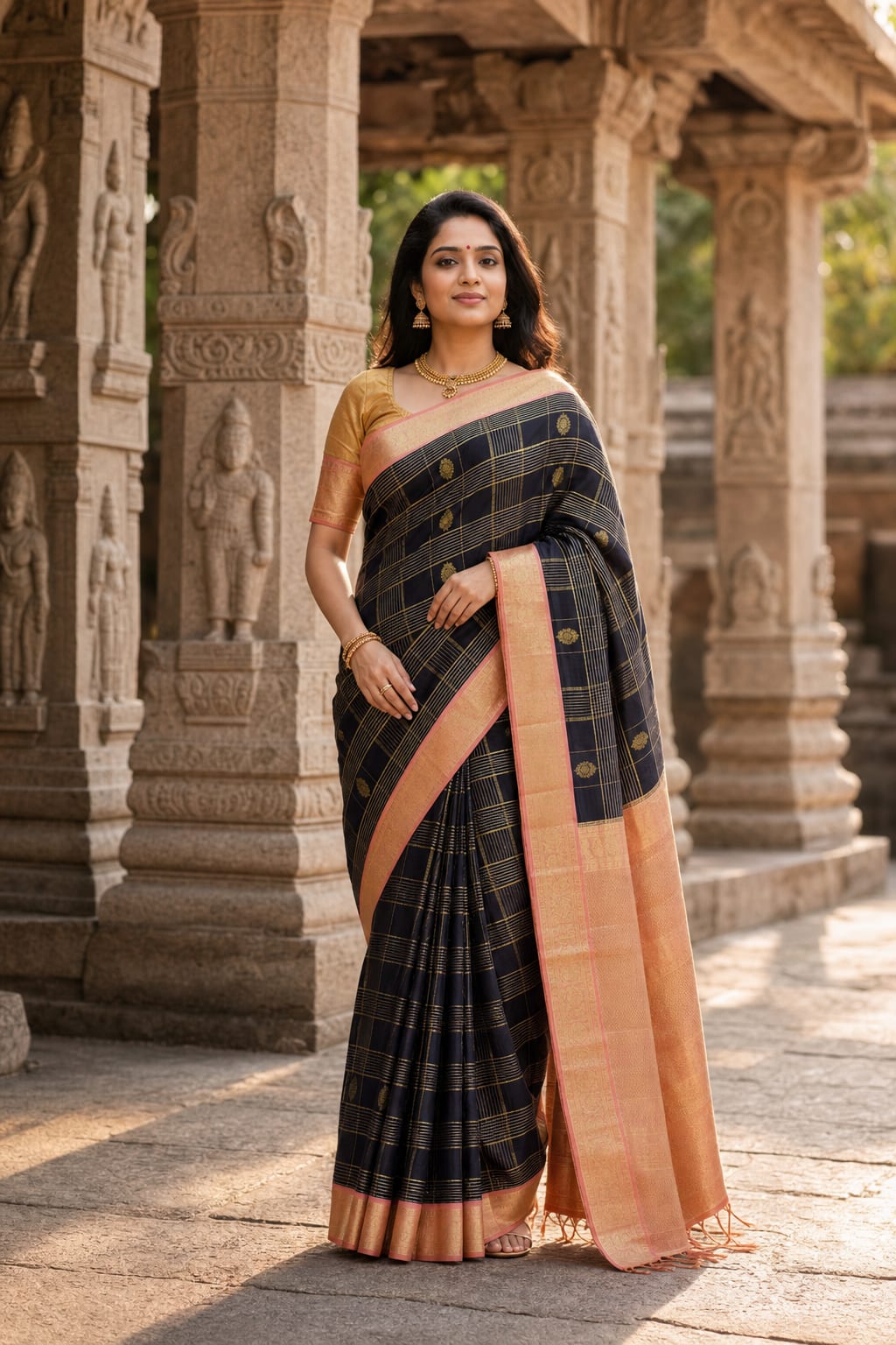 Handloom Navy Blue And Peach Silk Saree thumbnail 1