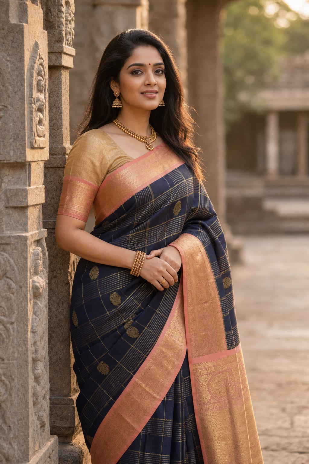 Handloom Navy Blue And Peach Silk Saree thumbnail 2