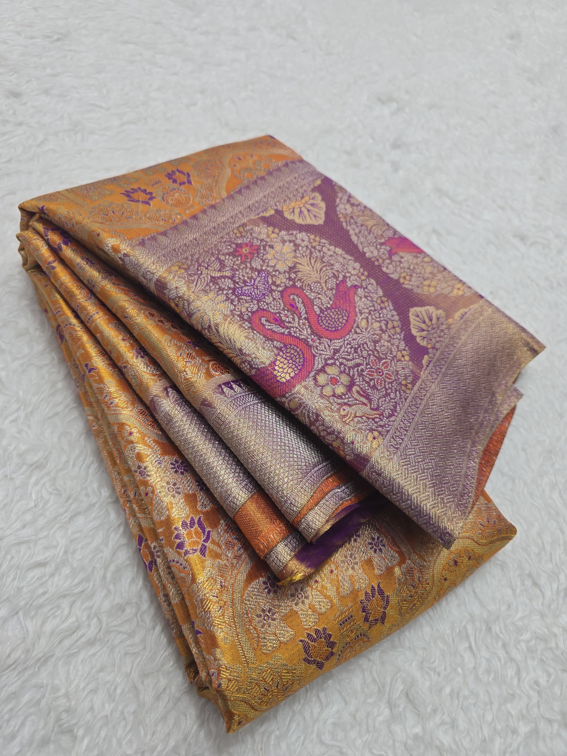 Handloom Golden Orange Silk Saree — view 3