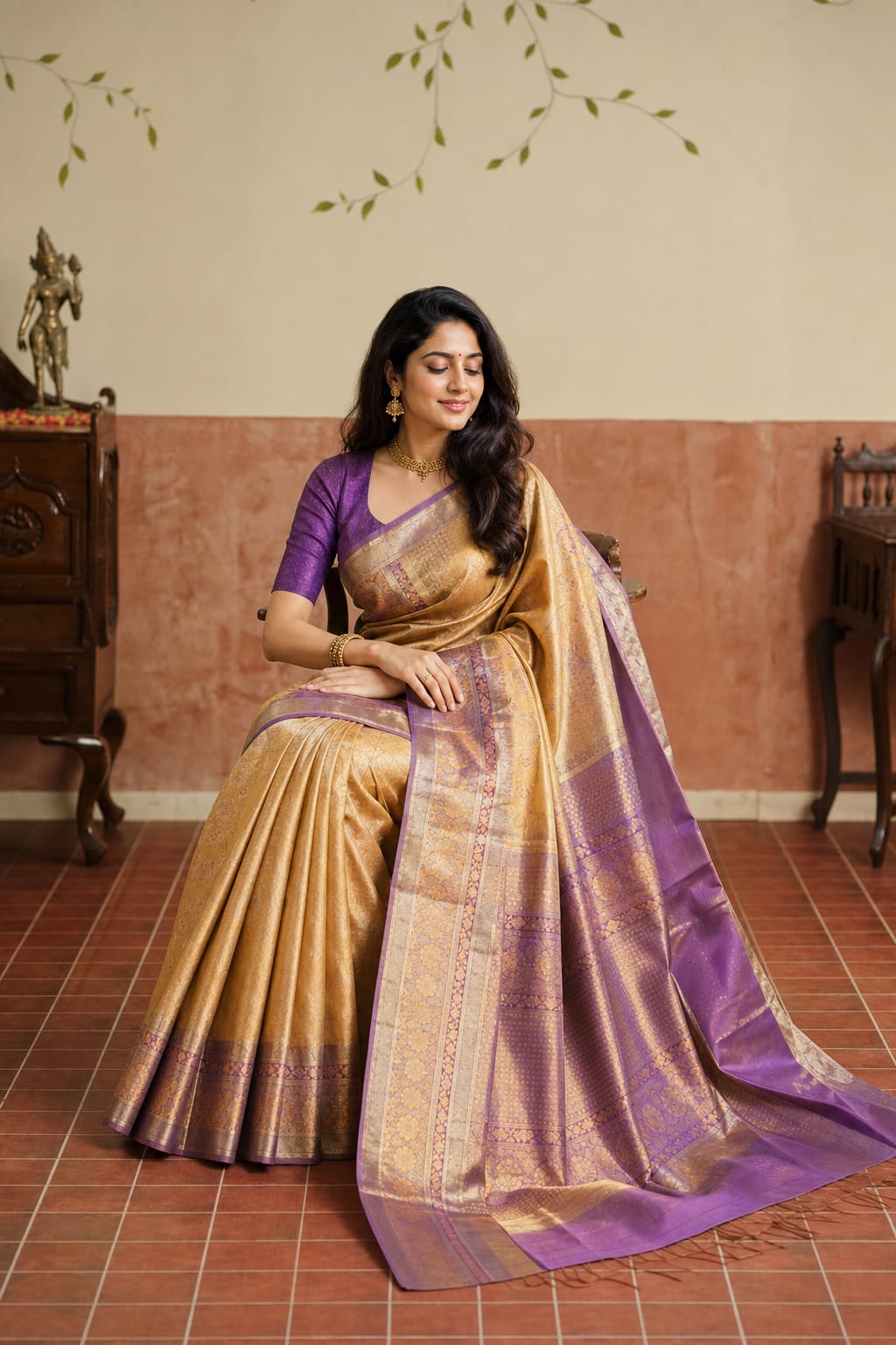 Handloom Golden Orange Silk Saree thumbnail 1
