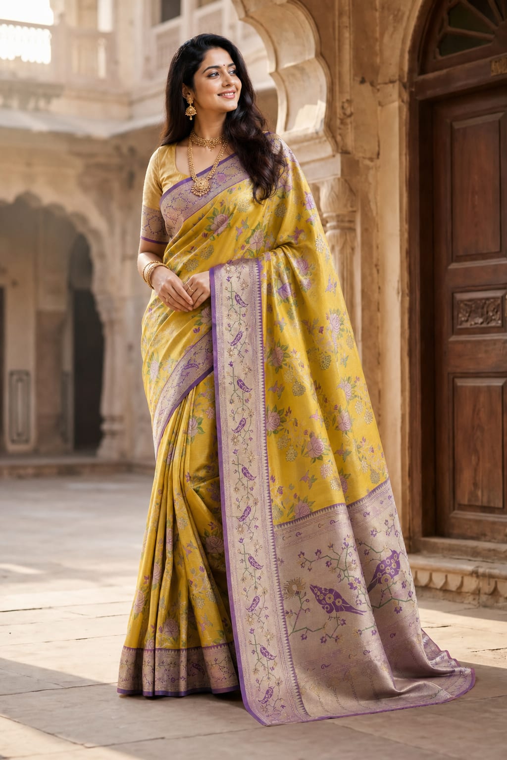 Handloom Yellow Silk Saree thumbnail 1