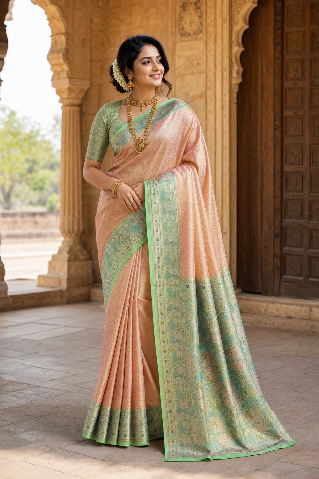 Handloom Peach Pink Silk Saree thumbnail 1
