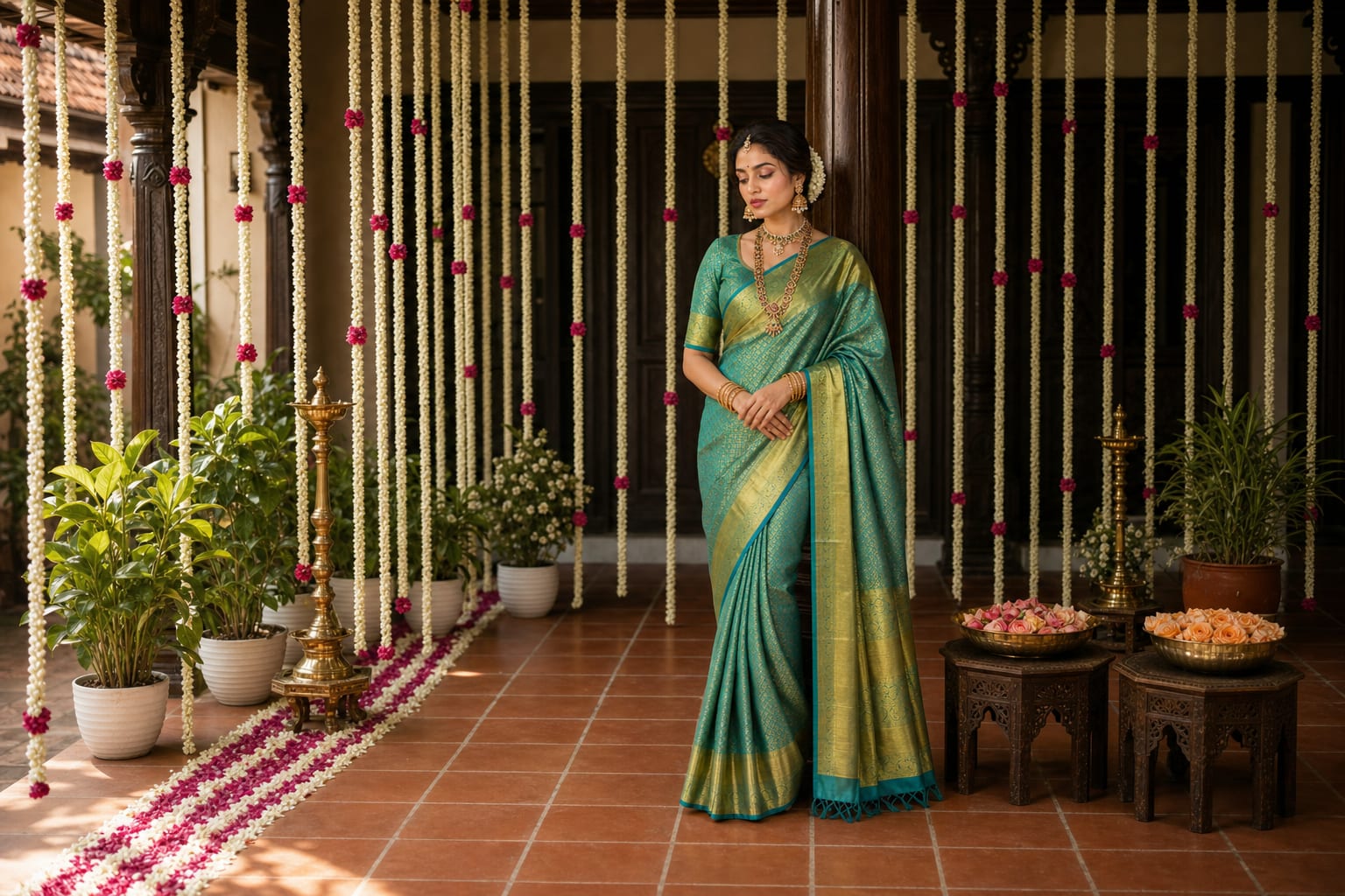 Handloom Rama Green Silk Saree, worn