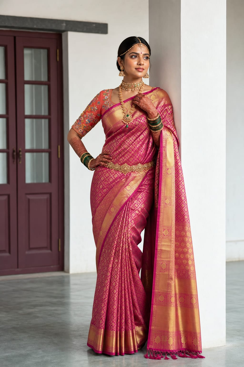 Handloom Dark Pink Silk Saree thumbnail 1