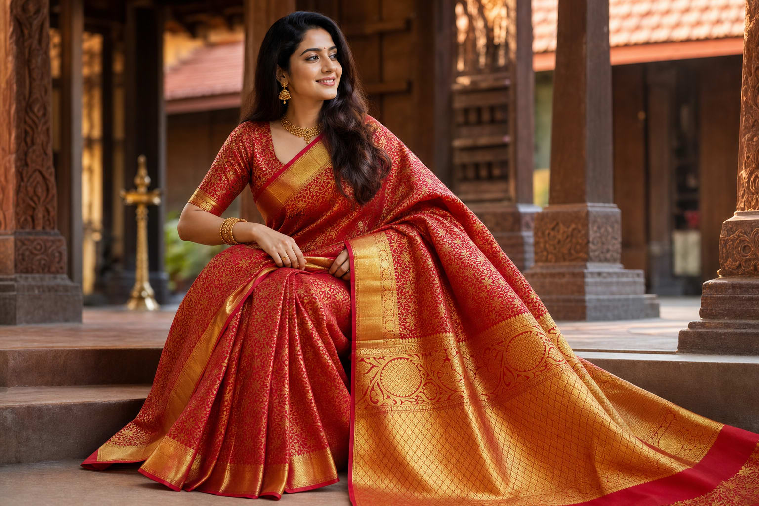 Handloom Chilli Red Silk Saree — a closer look