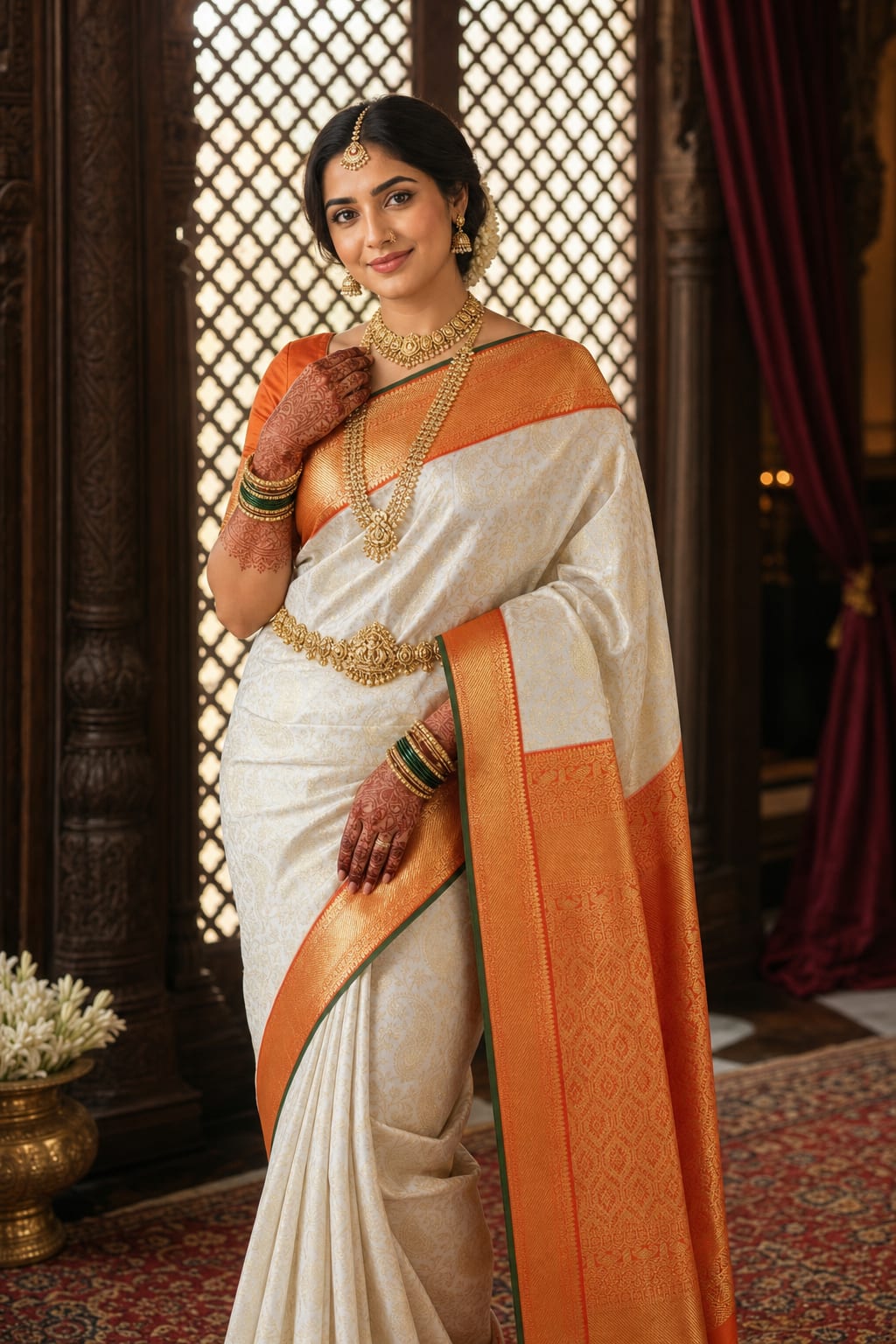 Handloom Half White Silk Saree thumbnail 1