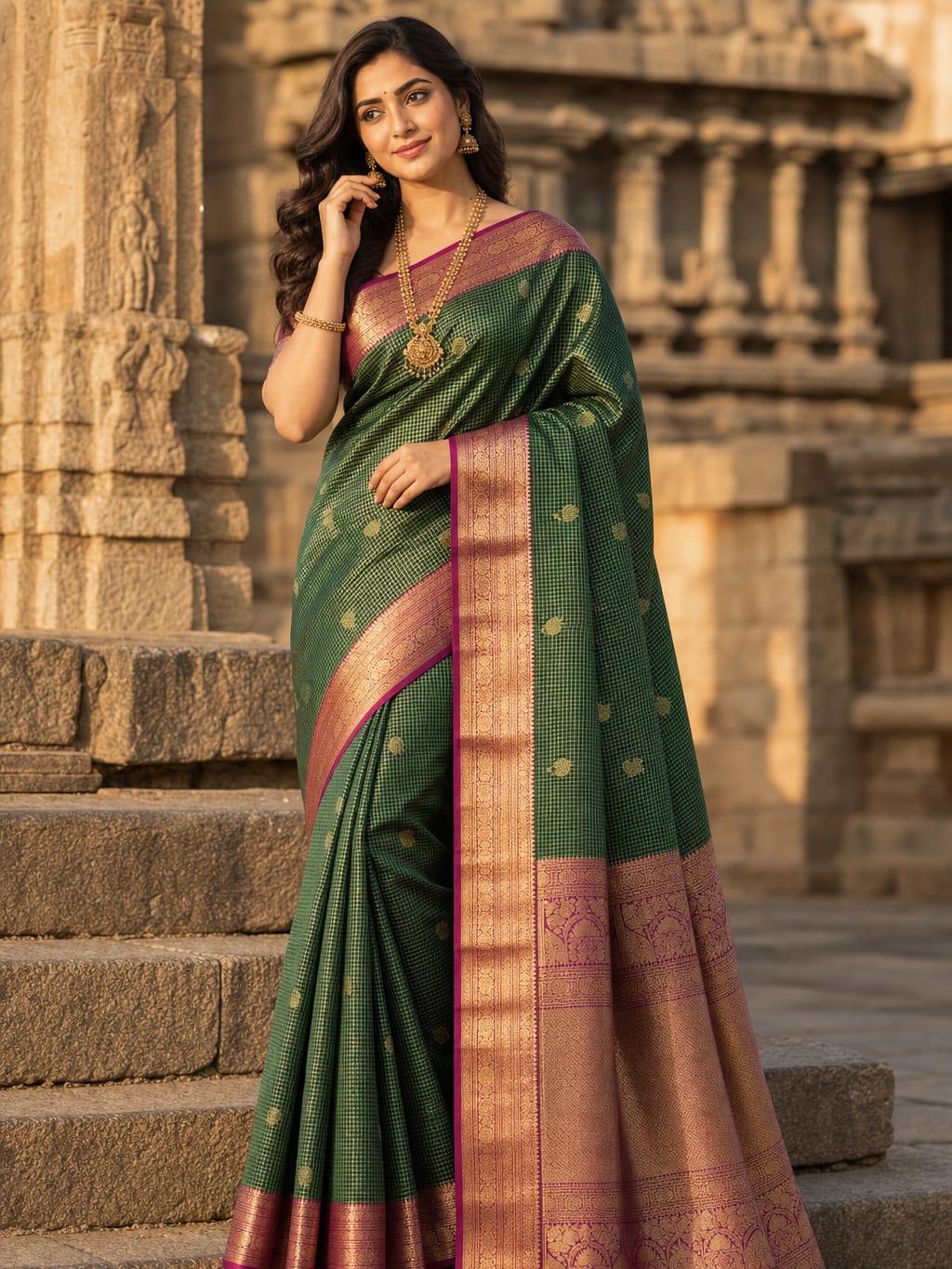 Handloom Bottle Green Silk Saree thumbnail 1