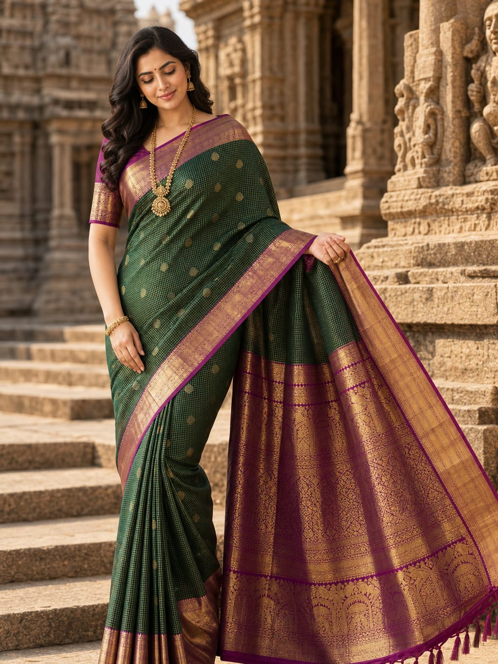 Handloom Bottle Green Silk Saree thumbnail 2