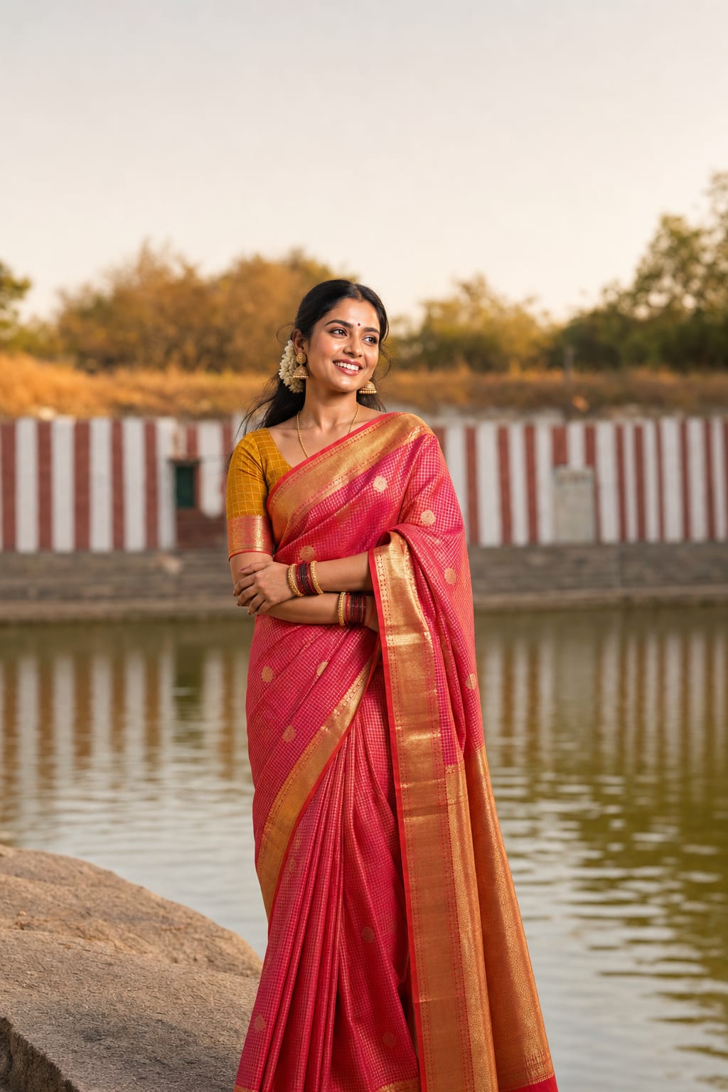 Handloom Pink Red Silk Saree — view 1