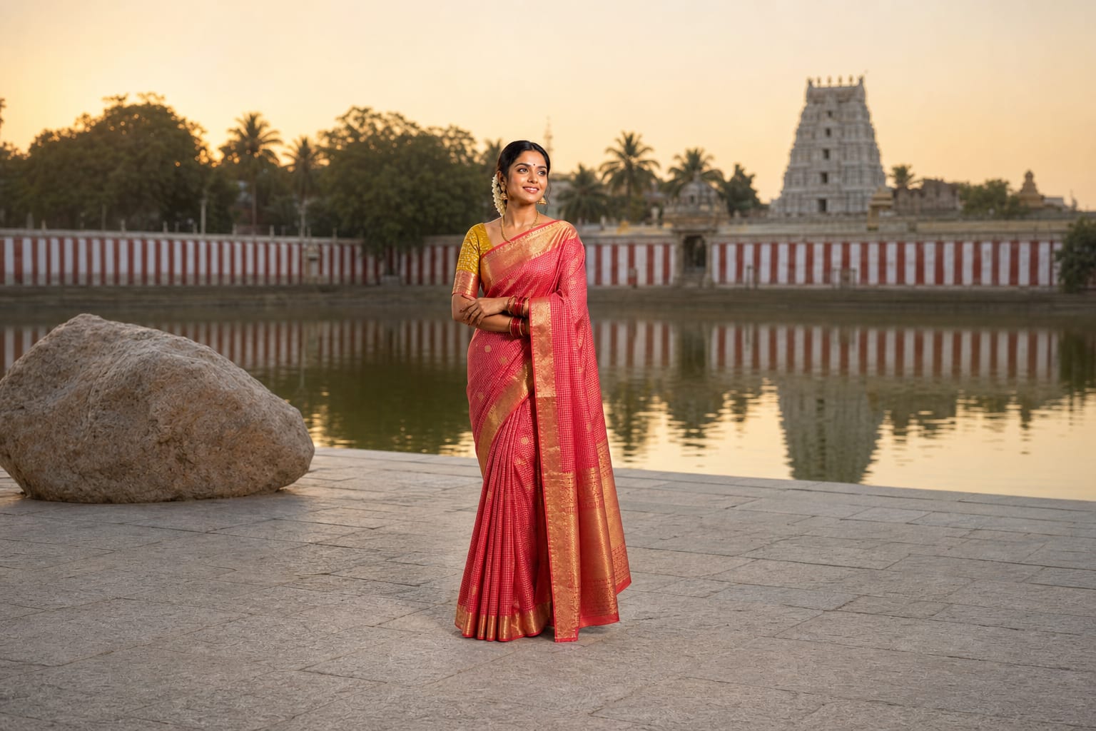 Handloom Pink Red Silk Saree — the drape