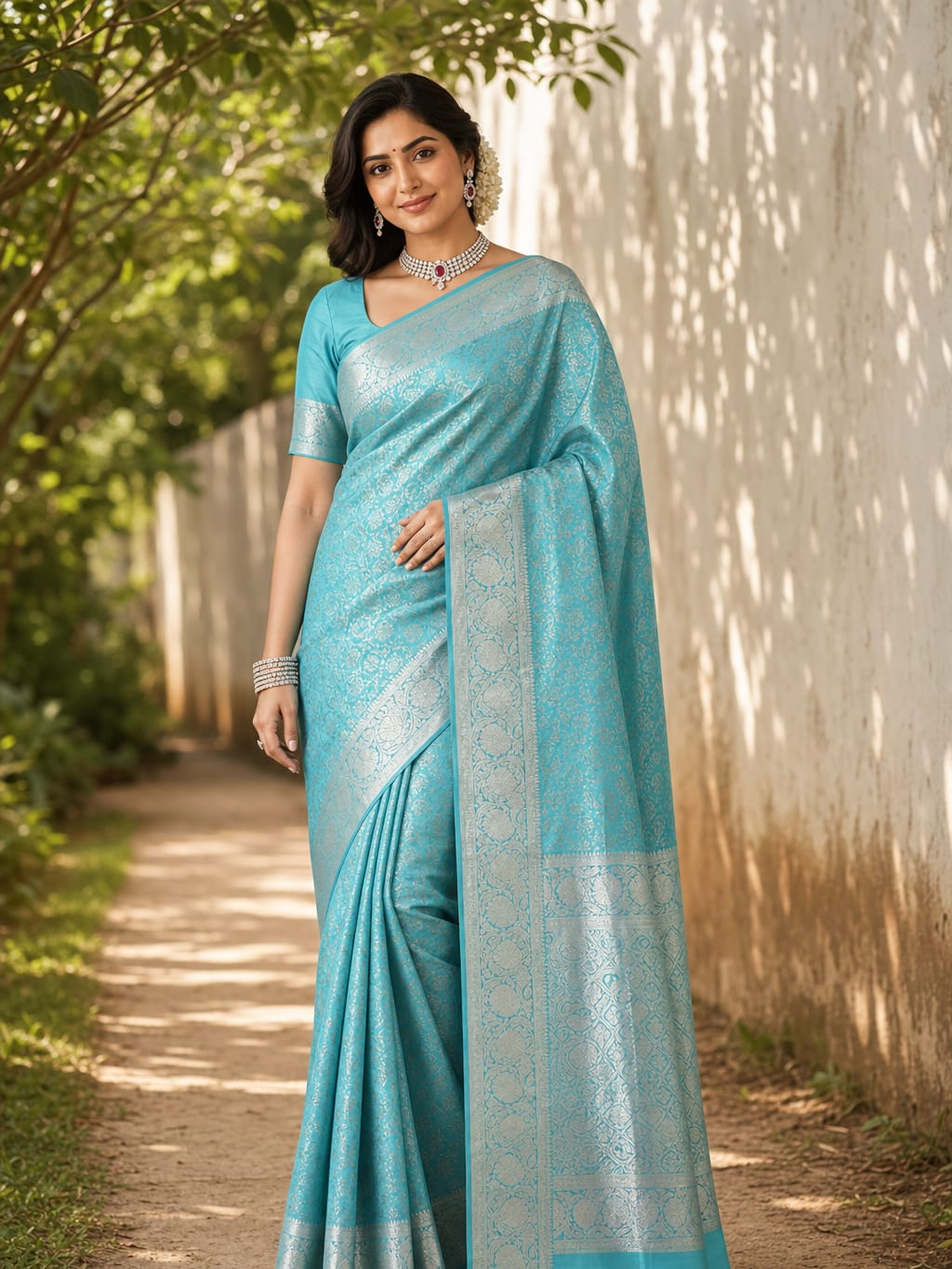 Handloom Teal Rama Green Silk Saree