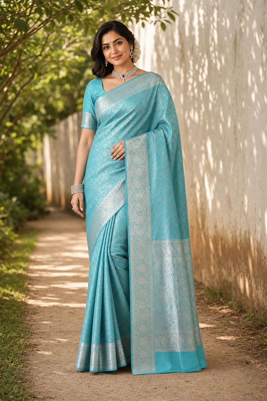 Handloom Teal Rama Green Silk Saree thumbnail 1