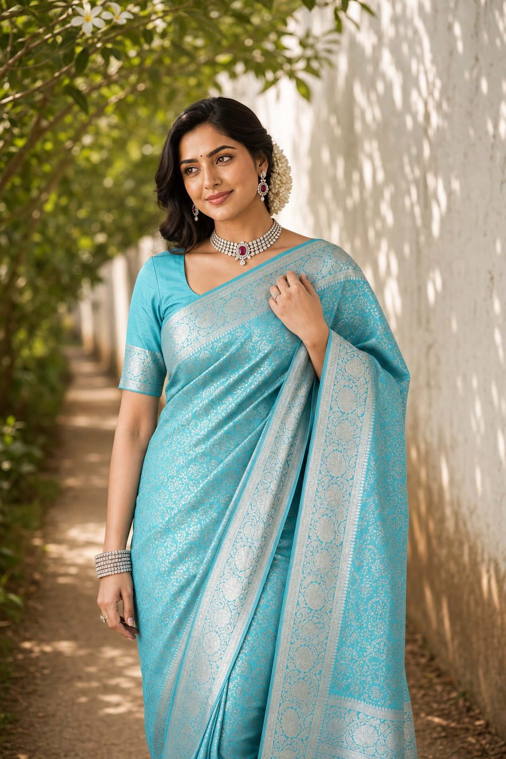 Handloom Teal Rama Green Silk Saree thumbnail 2