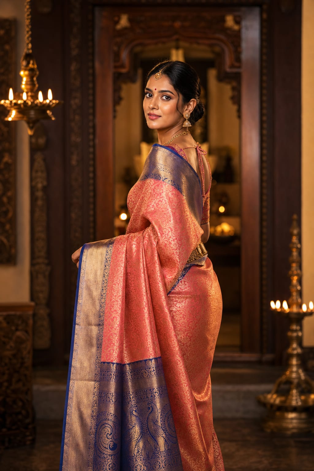 Handloom Orange Pink Silk Saree thumbnail 2