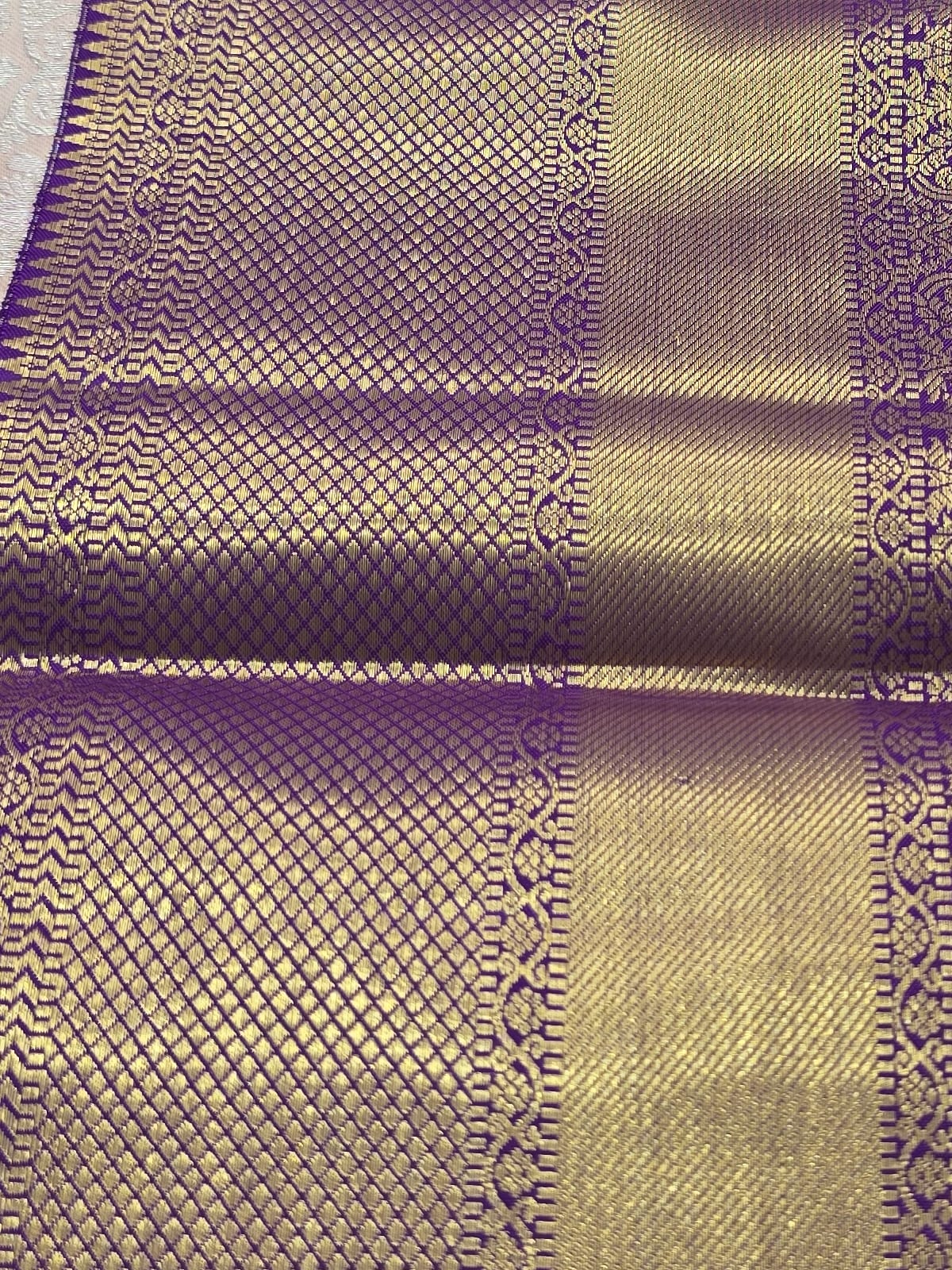 Handloom Cream Peach Silk Saree with Purple Border — view 5