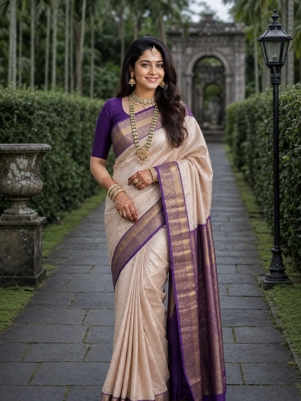 Handloom Cream Peach Silk Saree with Purple Border