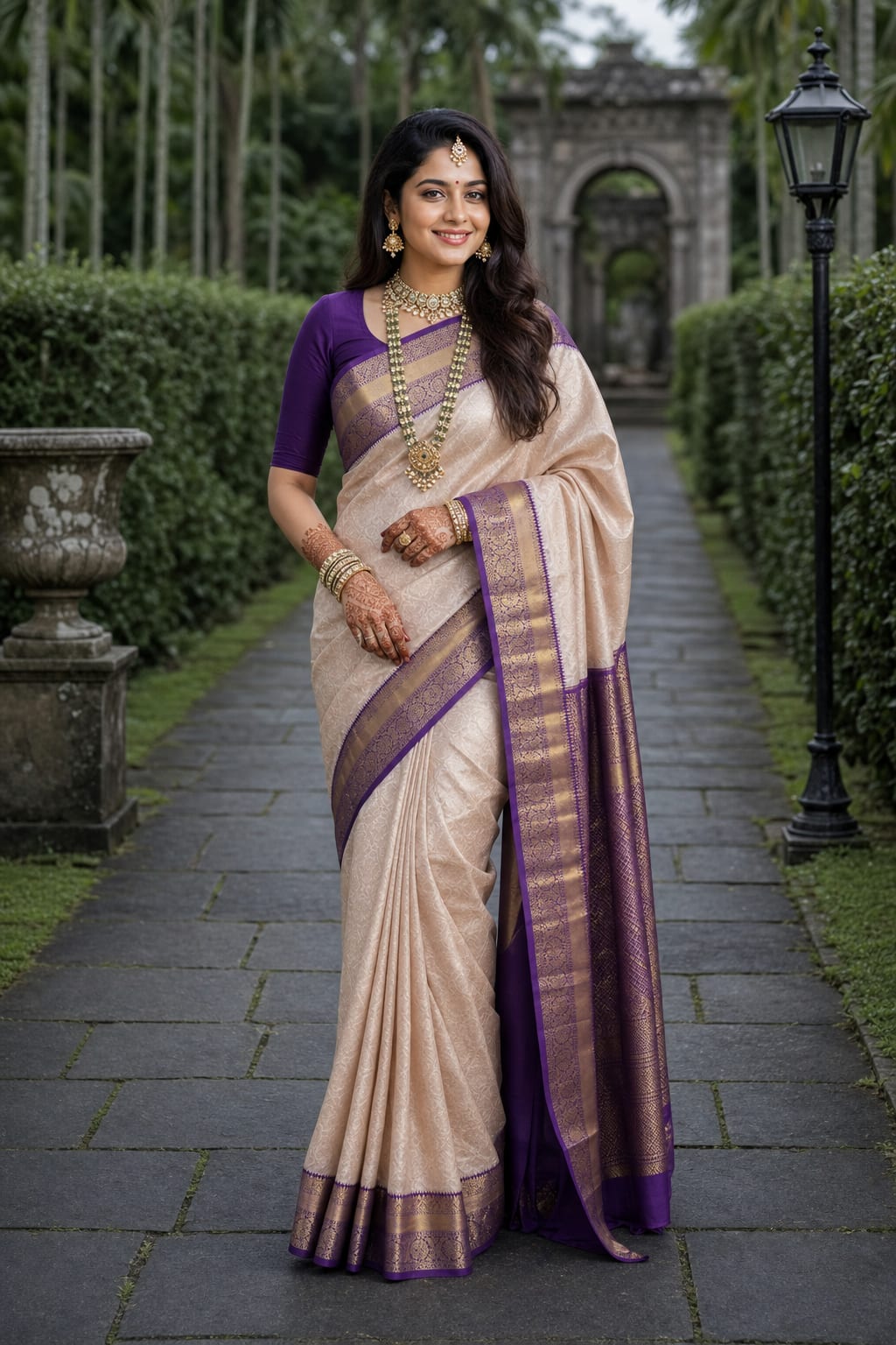 Handloom Cream Peach Silk Saree with Purple Border — view 1