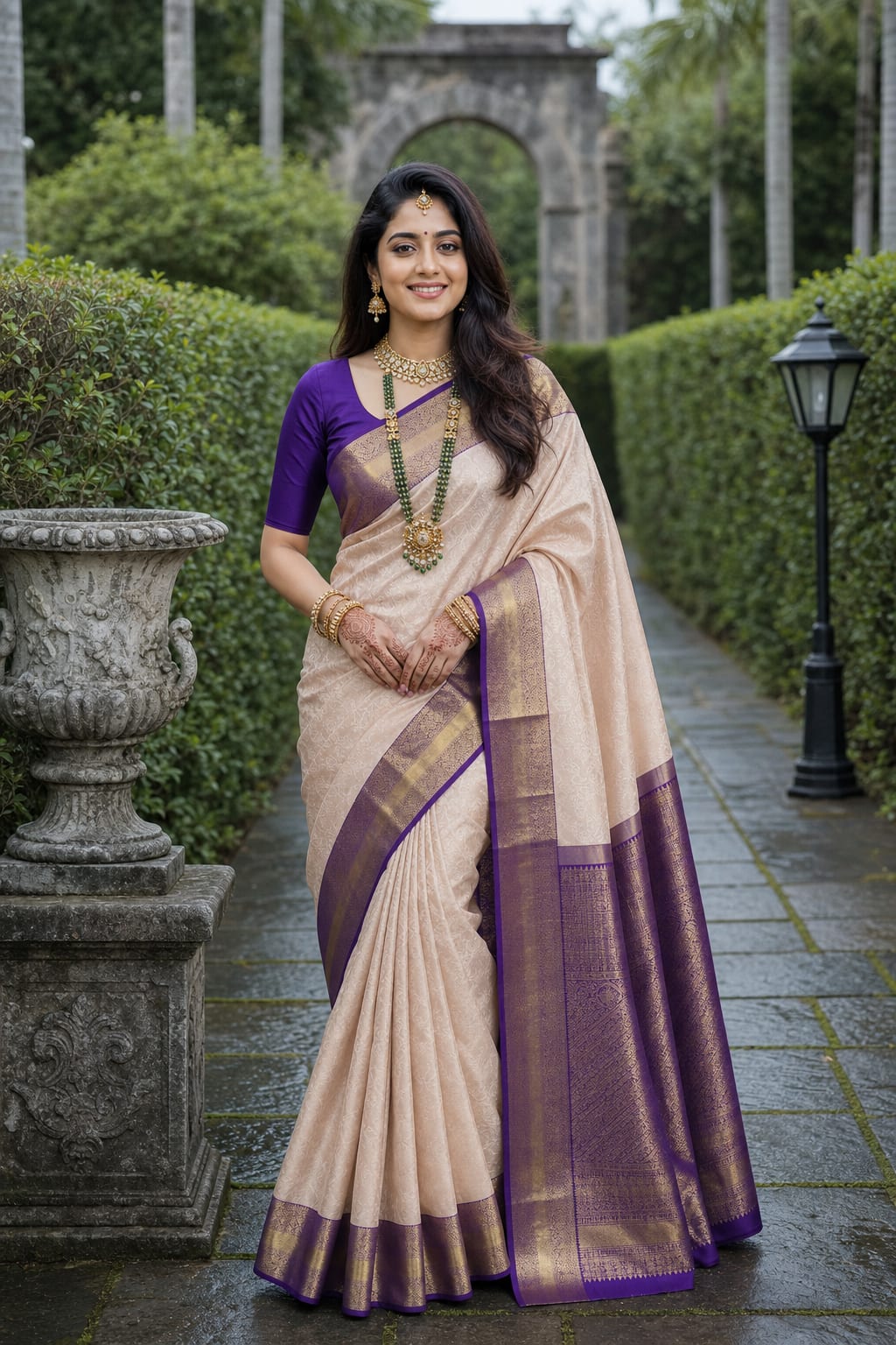 Handloom Cream Peach Silk Saree with Purple Border — view 2