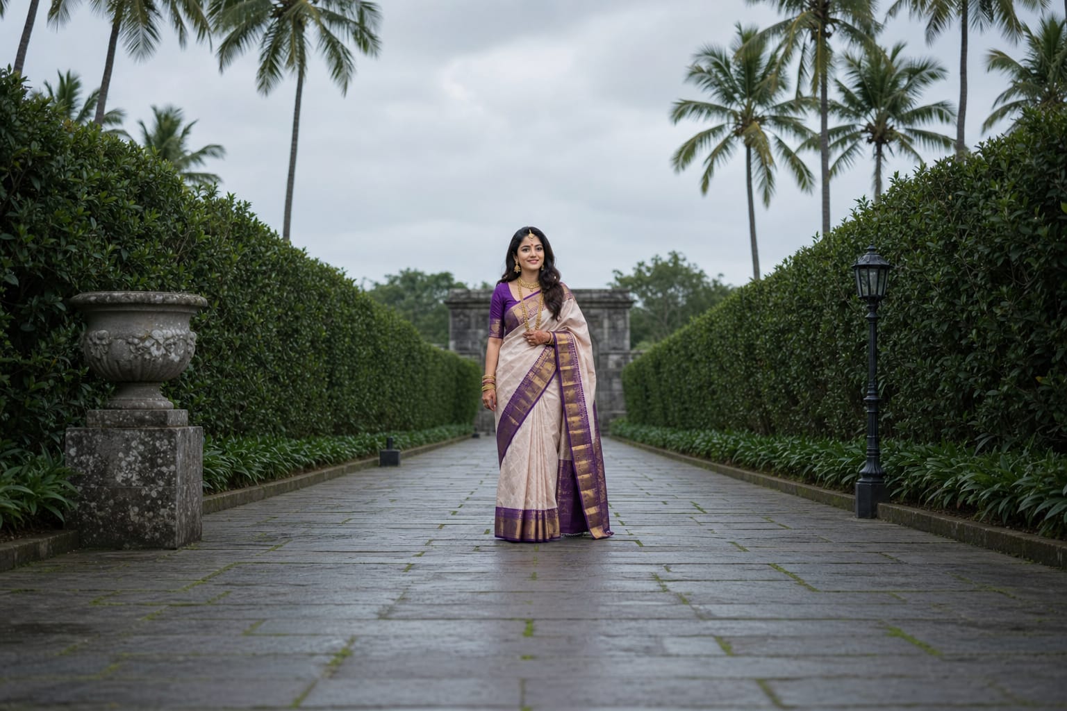 Handloom Cream Peach Silk Saree with Purple Border, worn