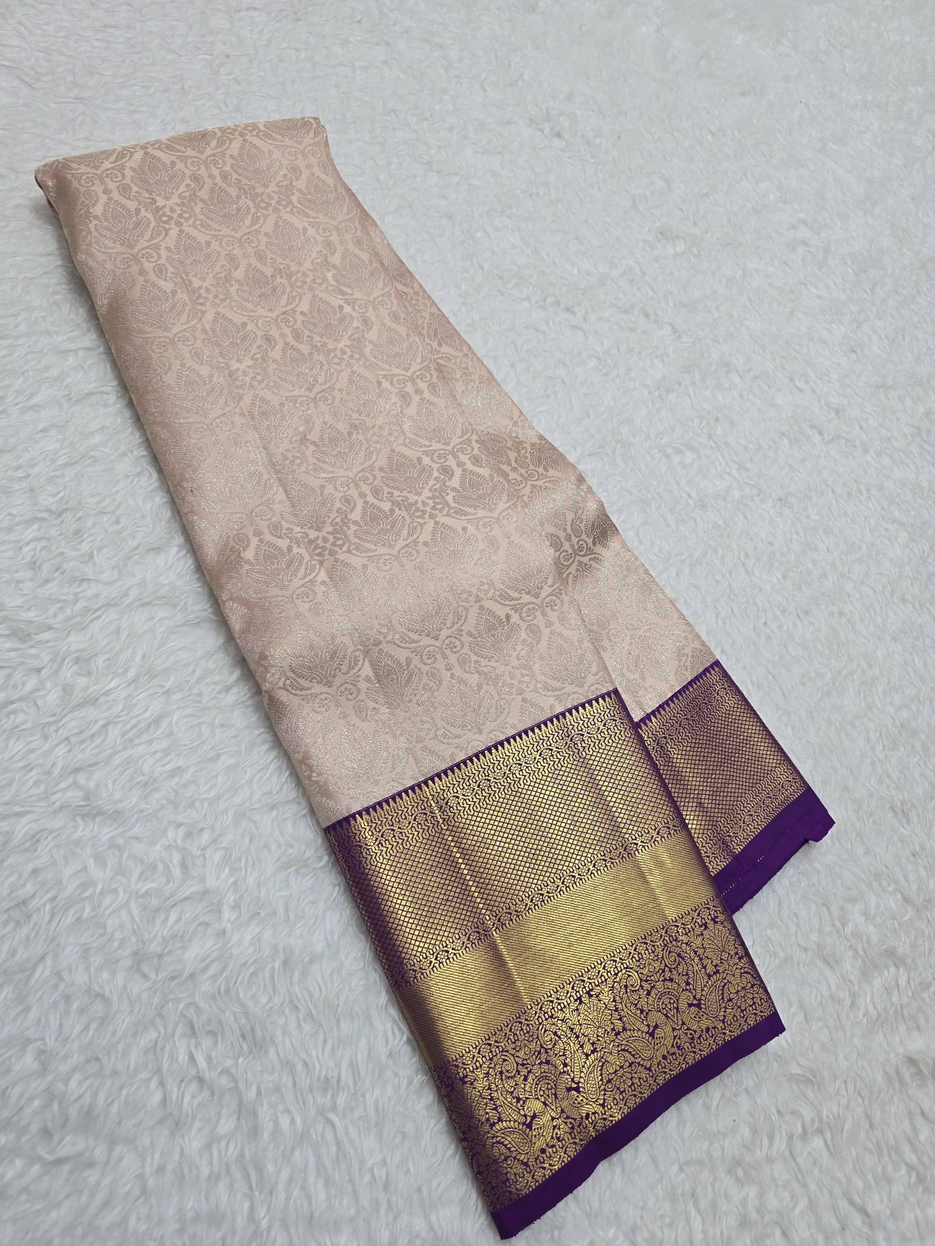 Handloom Cream Peach Silk Saree with Purple Border — view 2