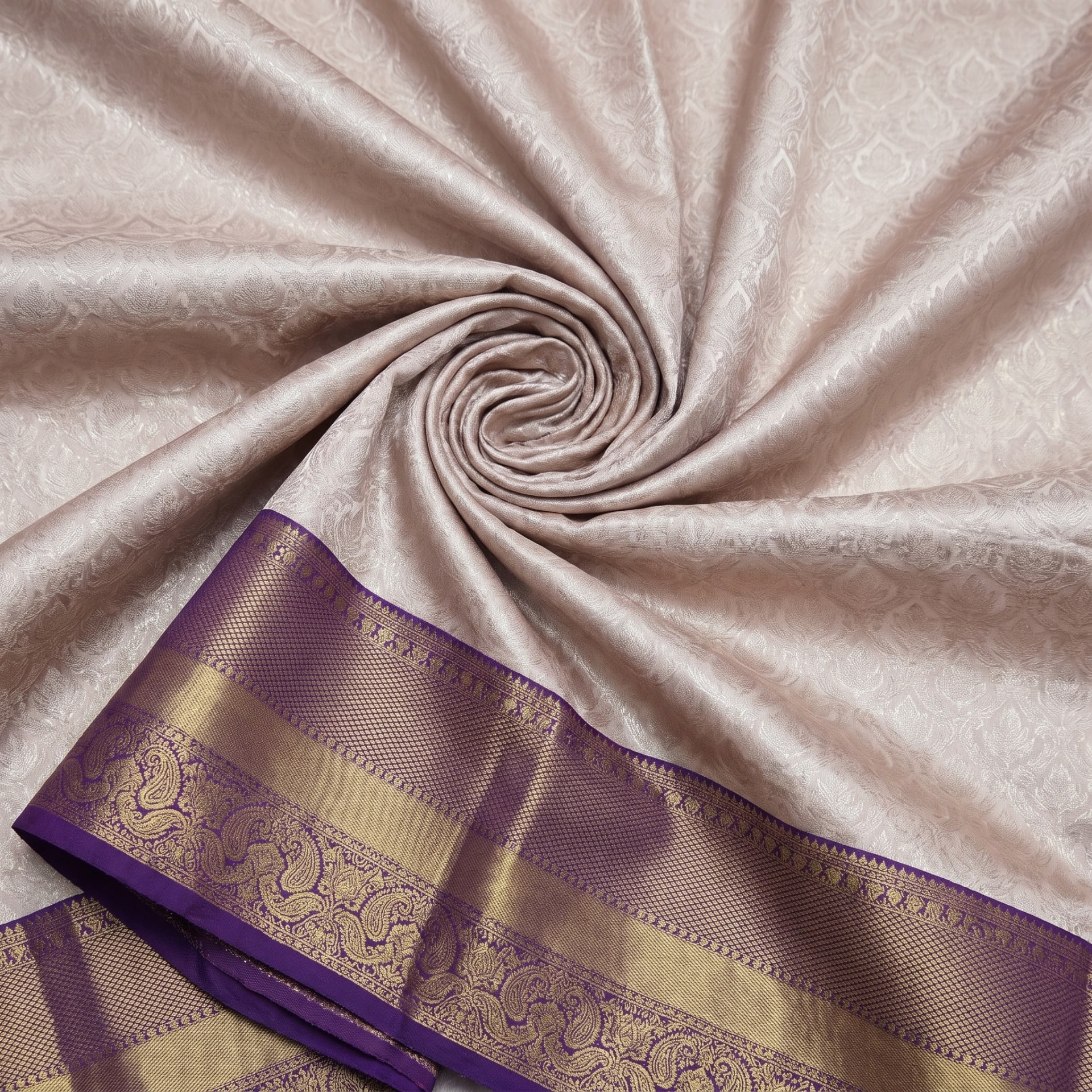 Cream Peach and Purple Kanjivaram weave, closely