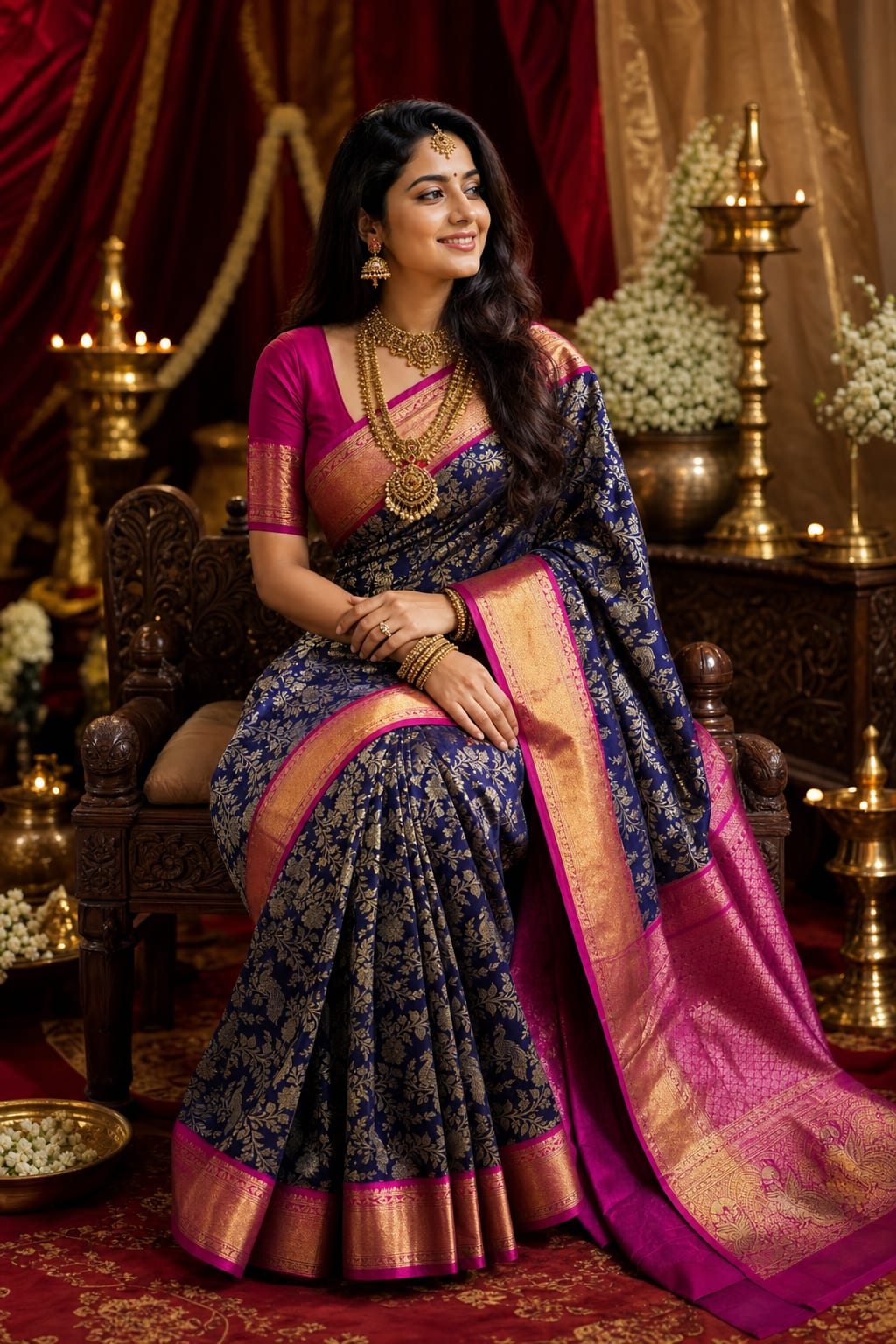 Handloom Navy Blue Silk Saree thumbnail 1
