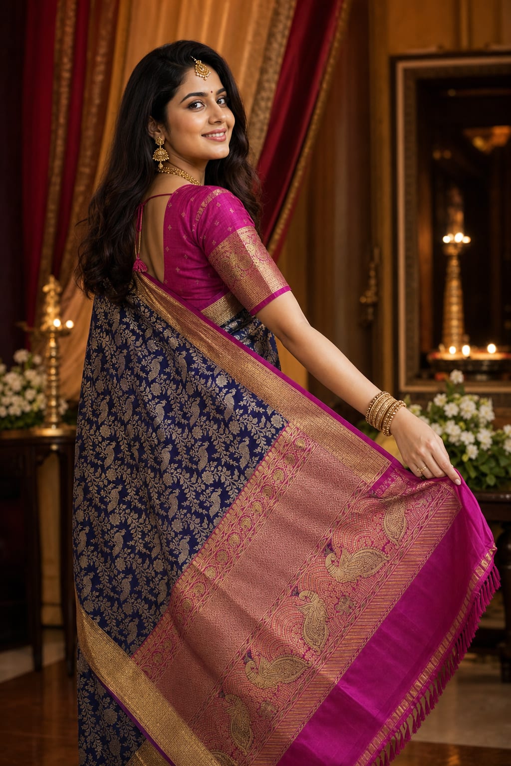 Handloom Navy Blue Silk Saree thumbnail 2
