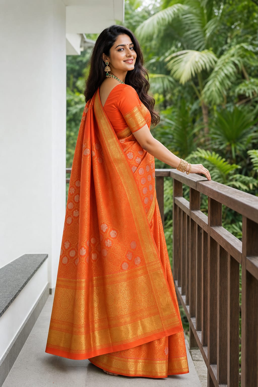 Handloom Orange Silk Saree — view 1
