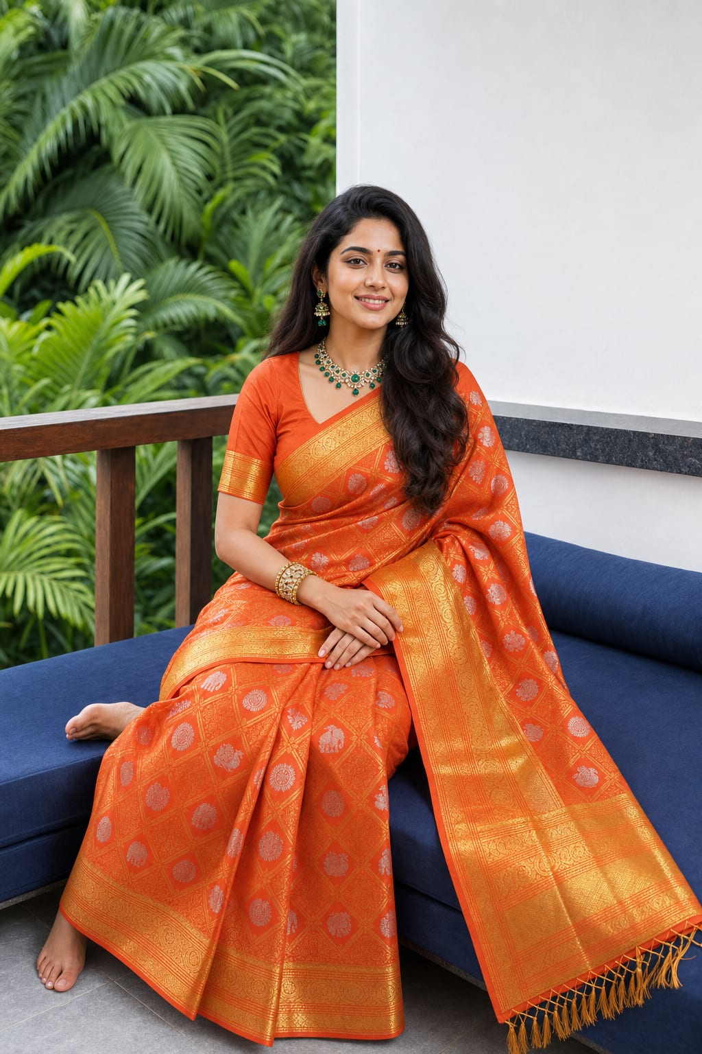 Handloom Orange Silk Saree — view 2