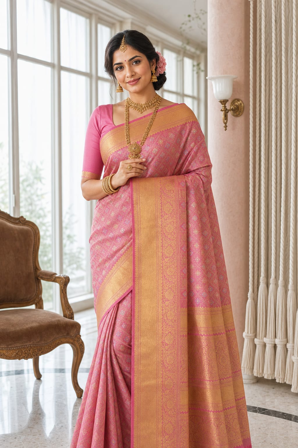 Handloom Rose Pink Silk Saree thumbnail 1