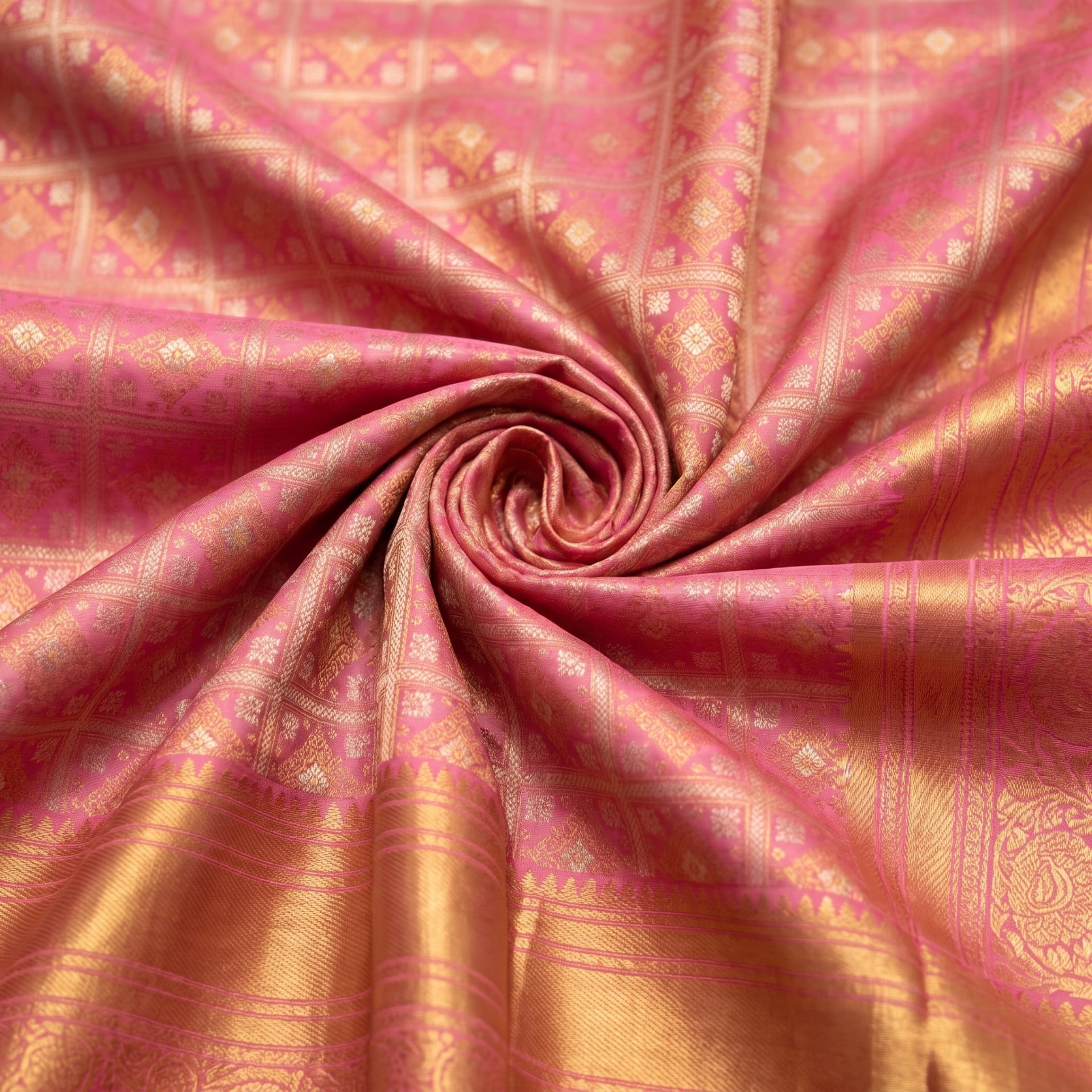 Handloom Rose Pink Silk Saree — close drape