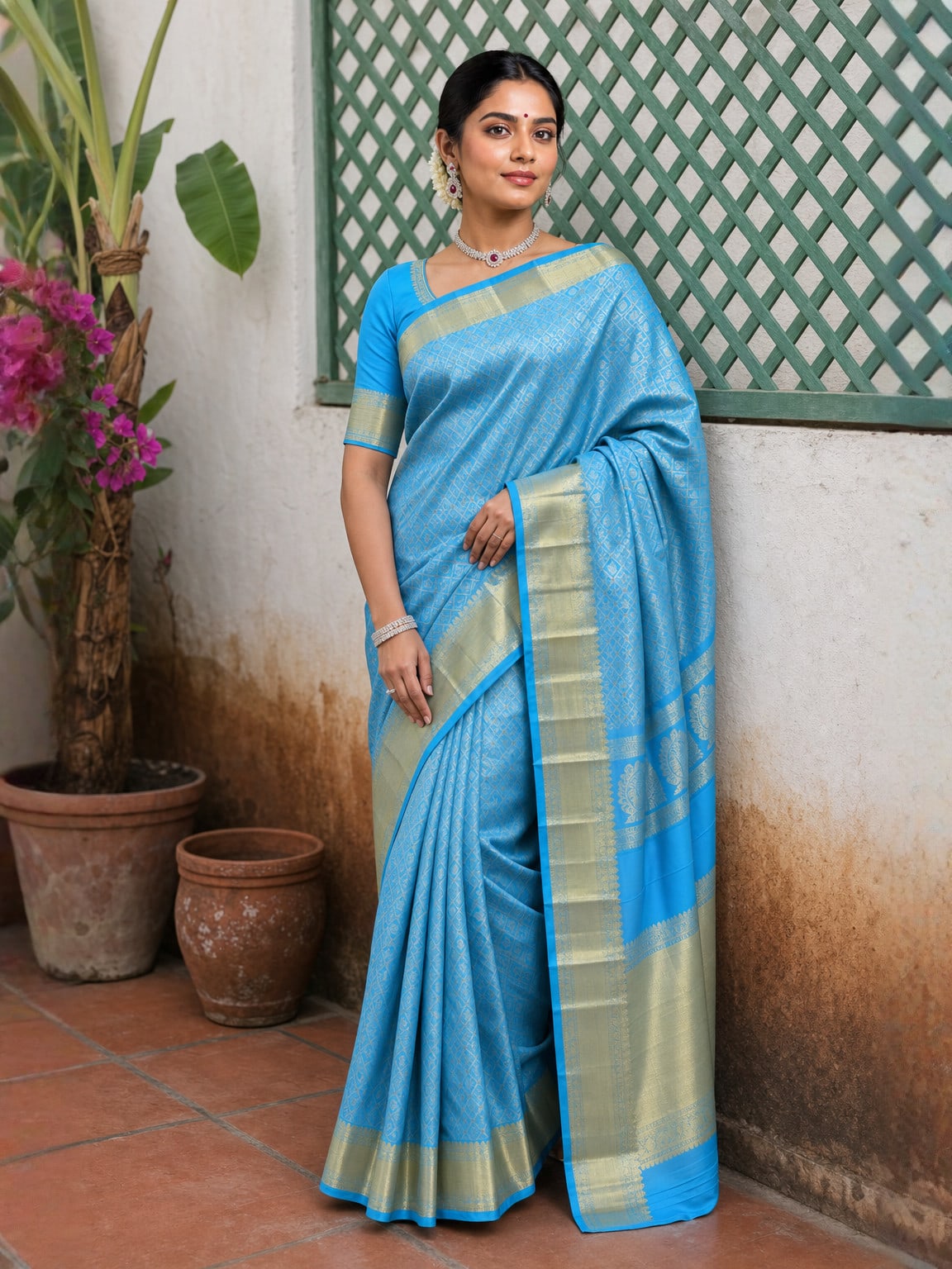 Handloom Sky Blue Silk Saree — view 1