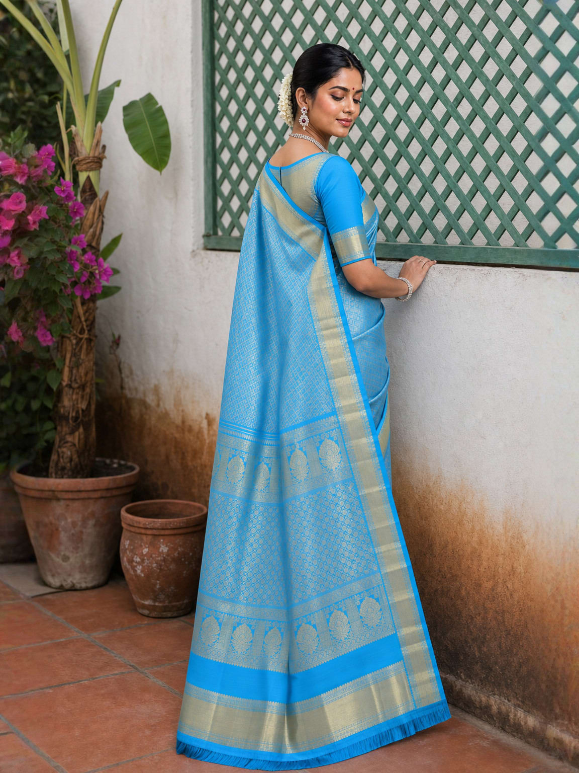 Handloom Sky Blue Silk Saree — view 2