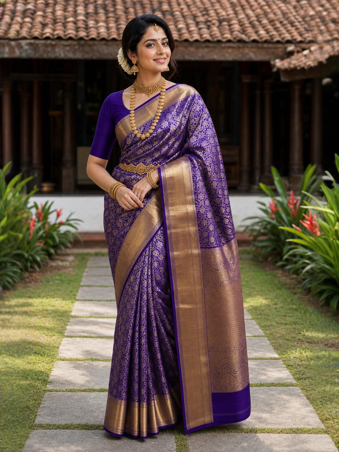 Handloom Violet Silk Saree — view 1