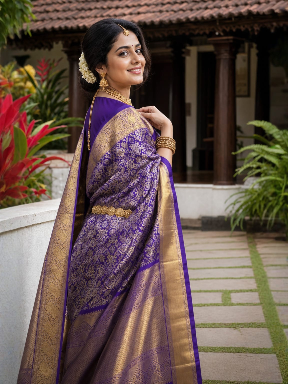 Handloom Violet Silk Saree — view 2