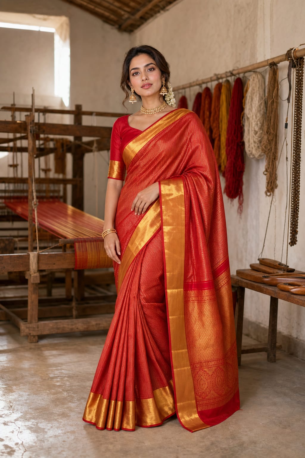 Handloom Chilli Red Silk Saree — view 1