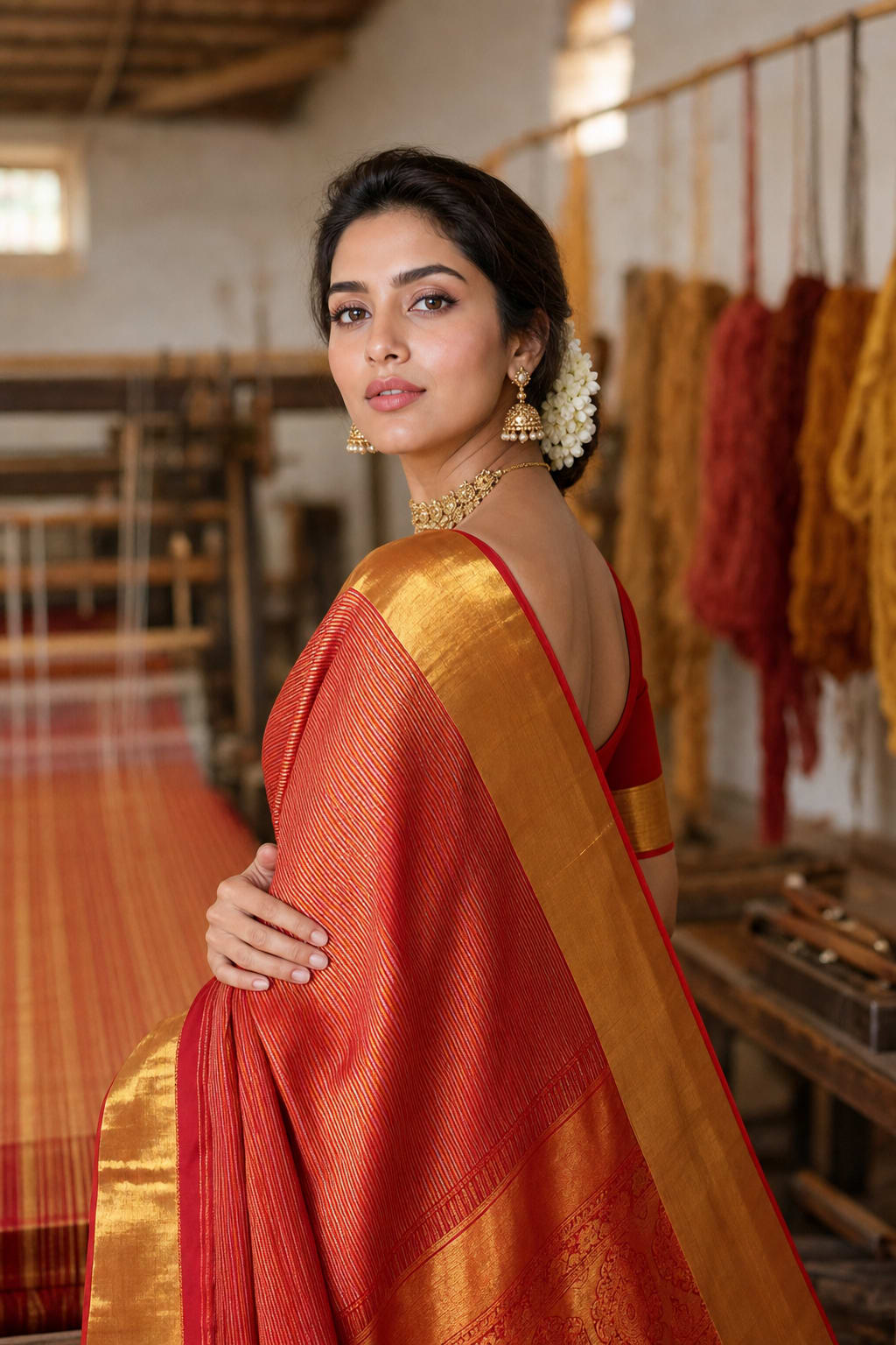 Handloom Chilli Red Silk Saree — view 2