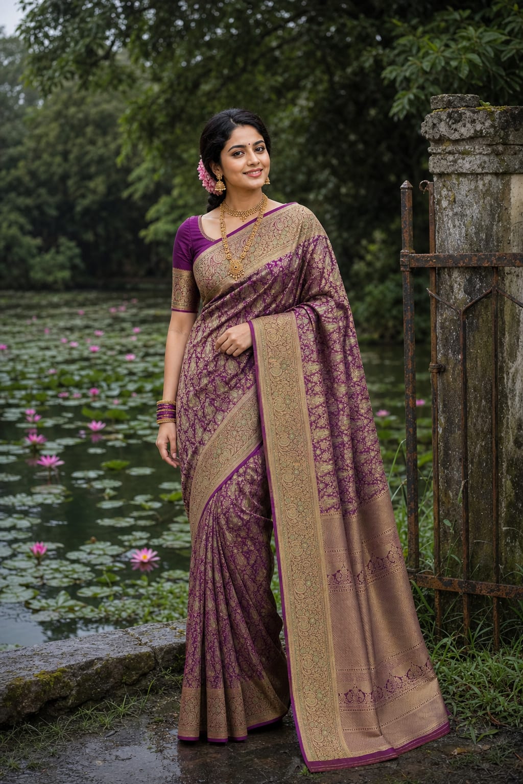 Handloom Magenta Silk Saree thumbnail 1