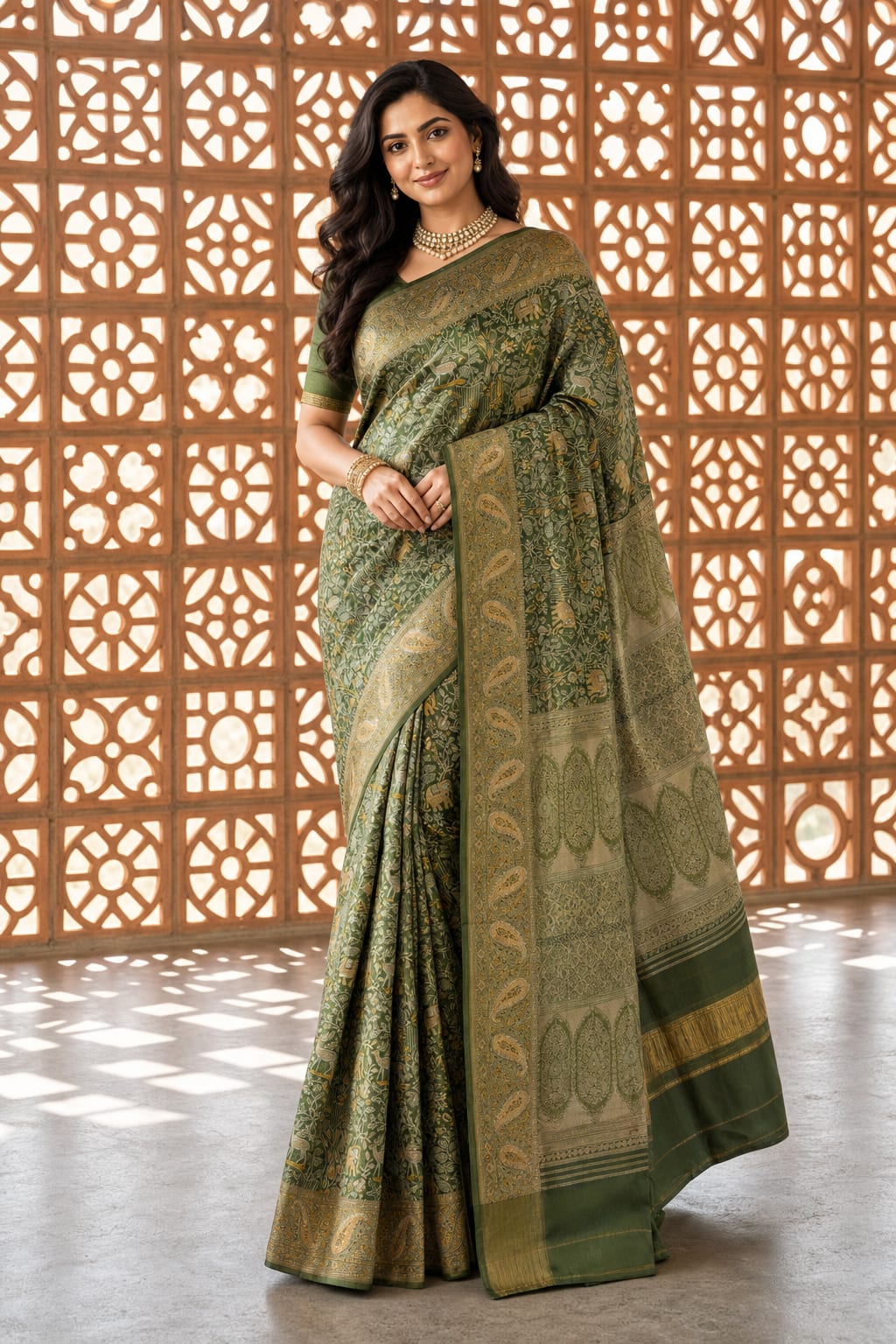 Handloom Moss Green Silk Saree thumbnail 1