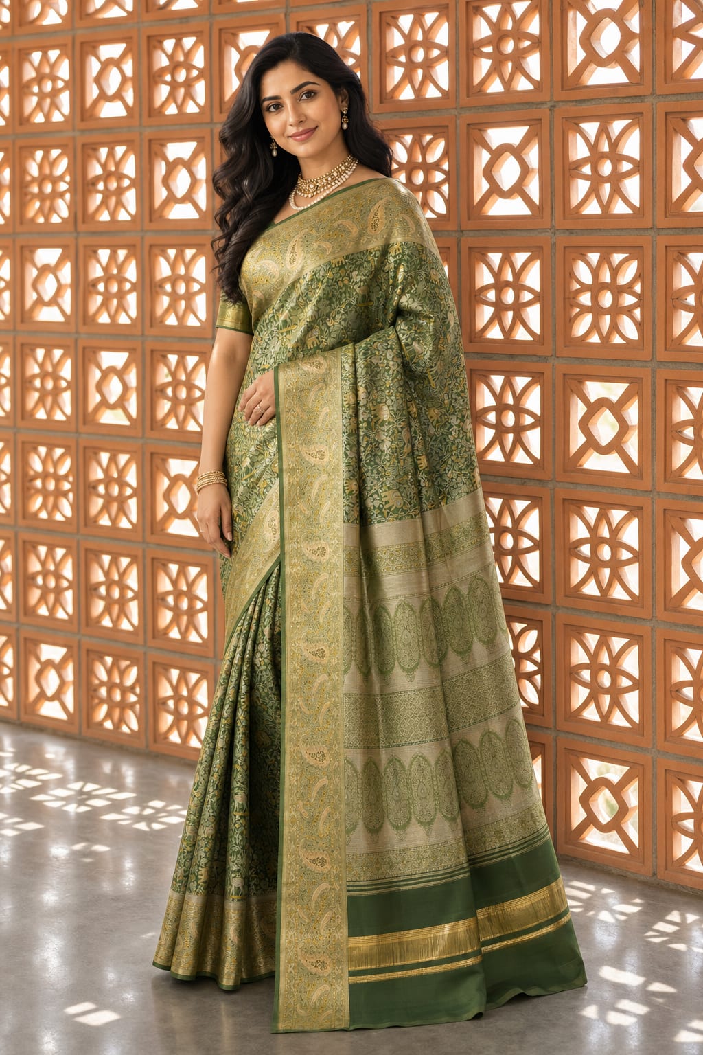 Handloom Moss Green Silk Saree thumbnail 2