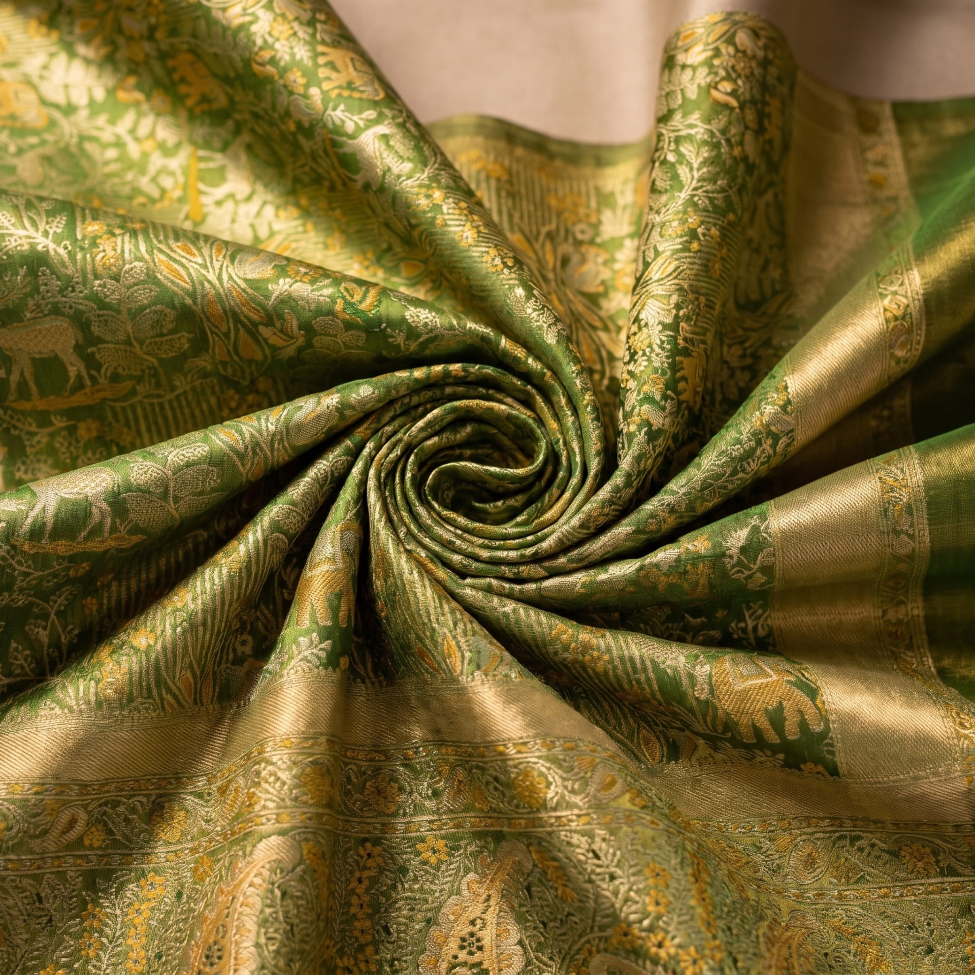Handloom Moss Green Silk Saree — close drape