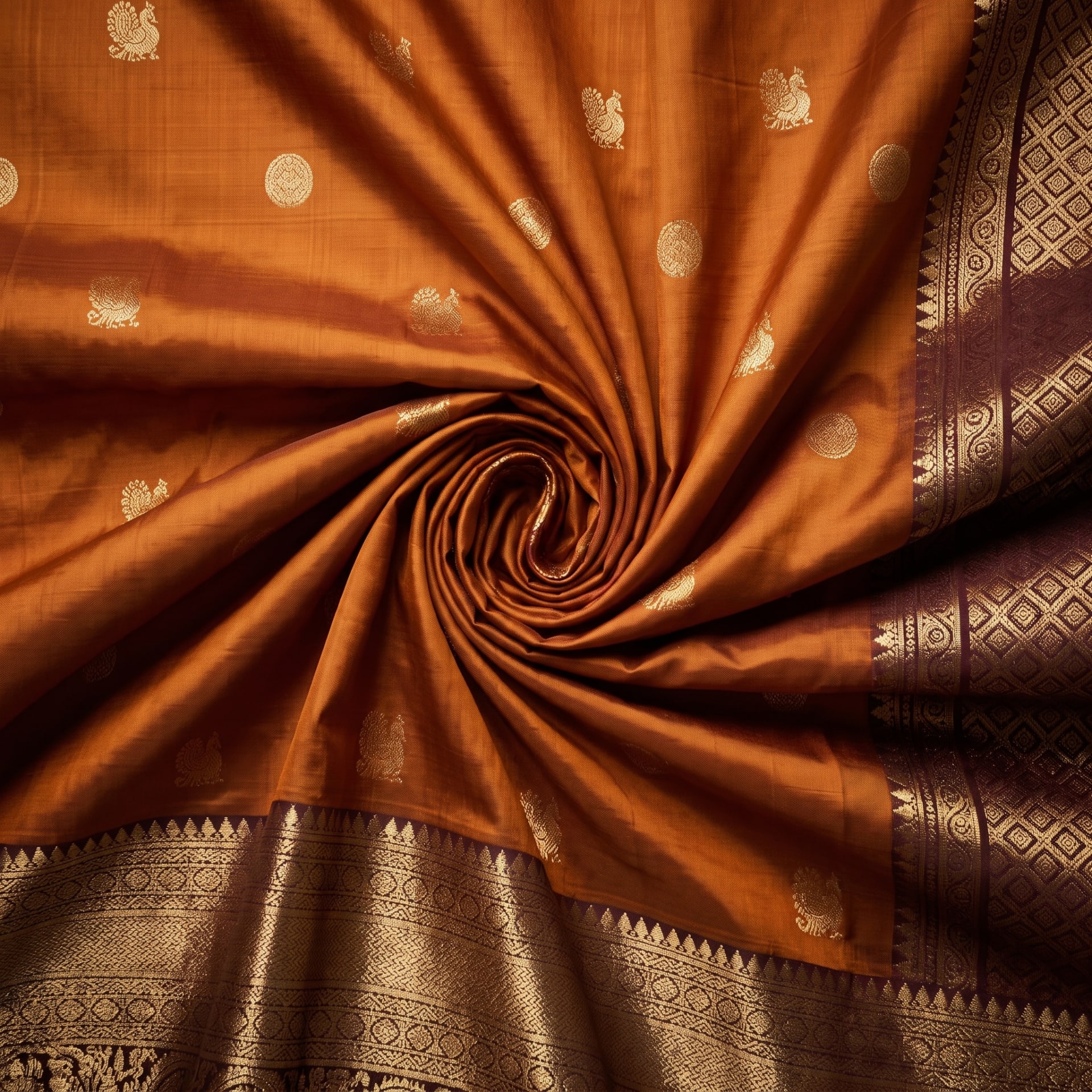 Handloom Rust Orange Silk Saree — close drape