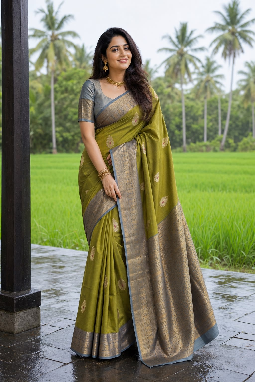 Handloom Olive Green Silk Saree thumbnail 1