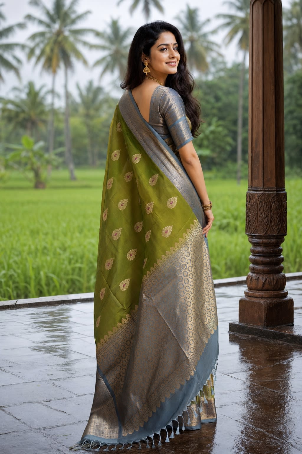 Handloom Olive Green Silk Saree thumbnail 2