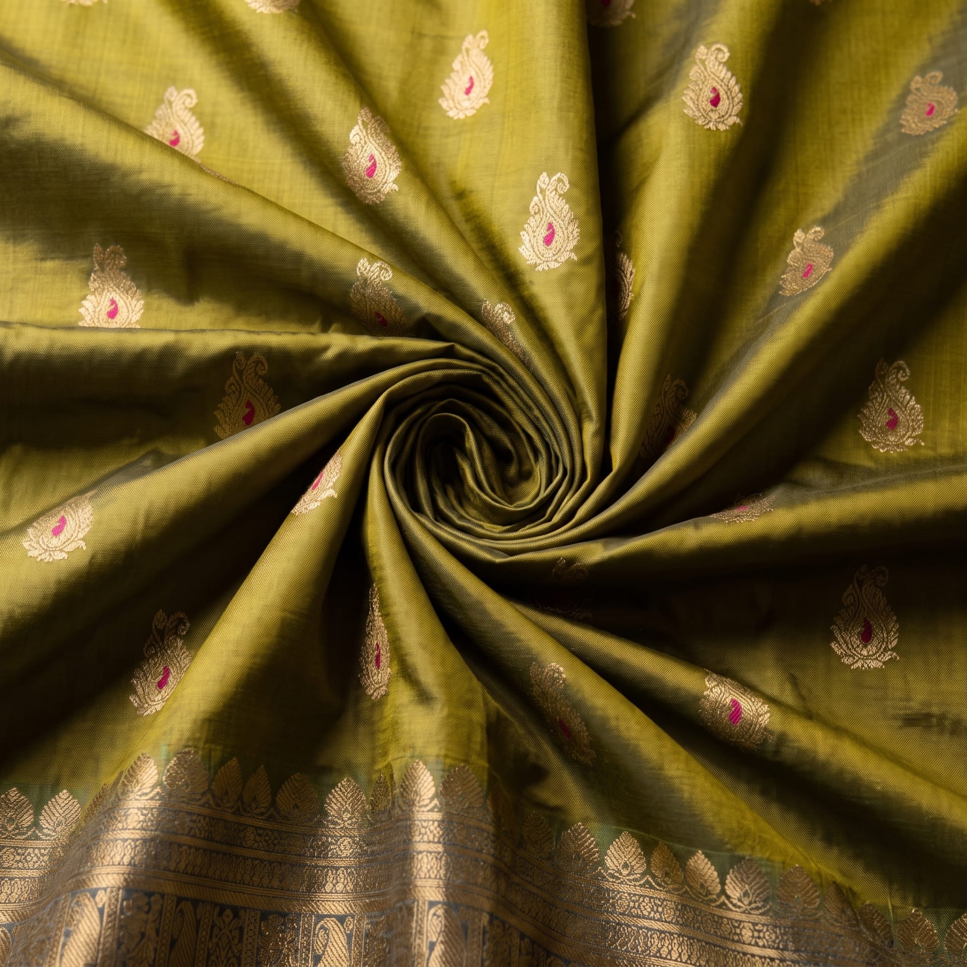 Handloom Olive Green Silk Saree — close drape