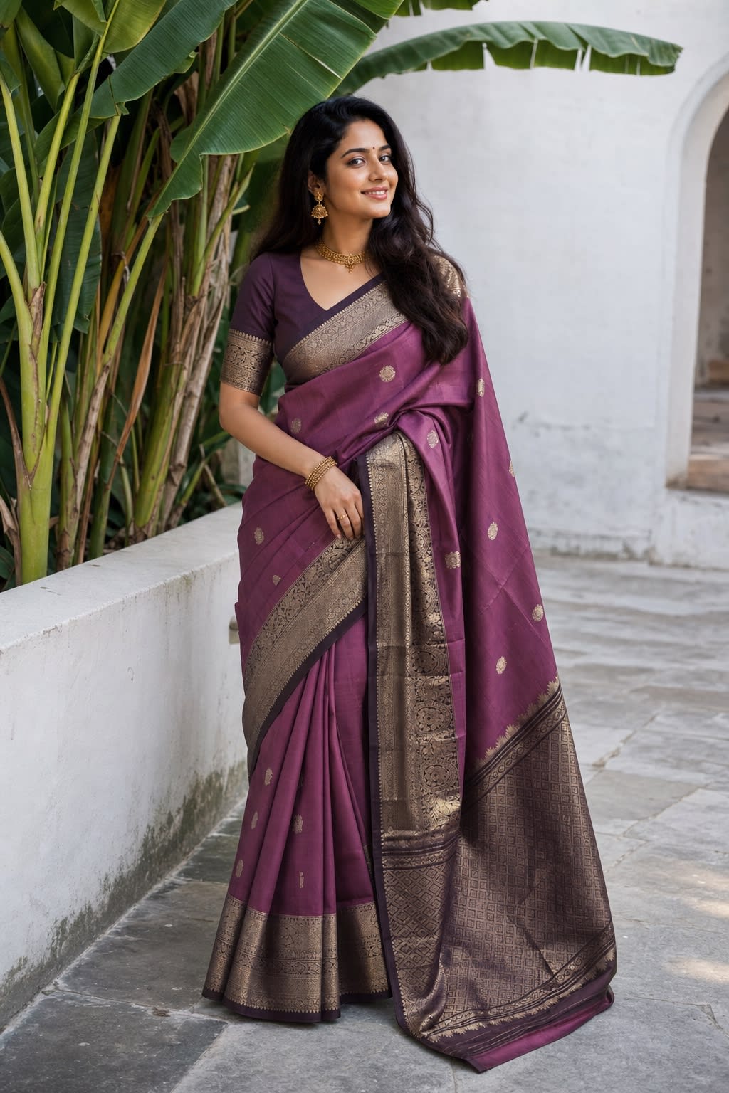 Handloom Wine Silk Saree thumbnail 1