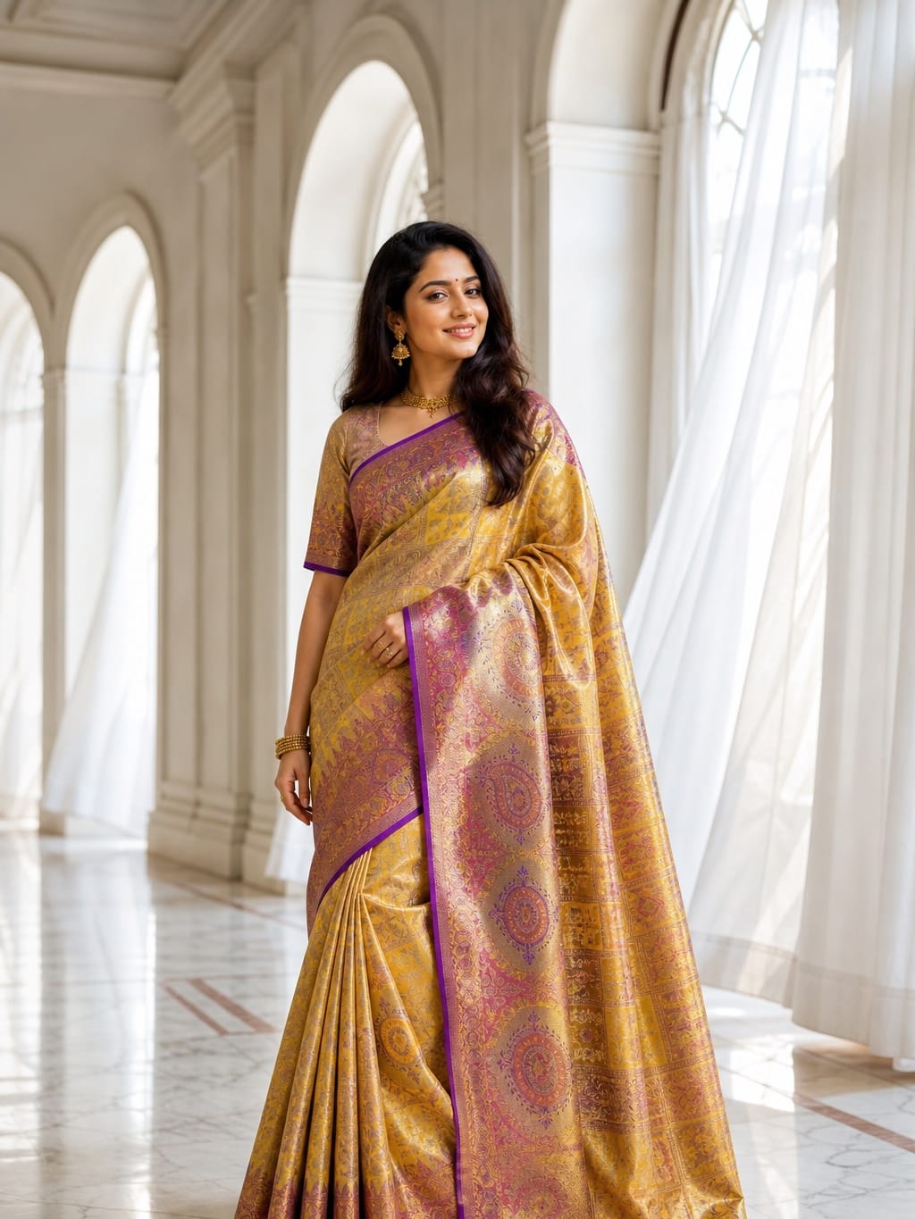 Handloom Lavender With Pink And Gold Silk Saree