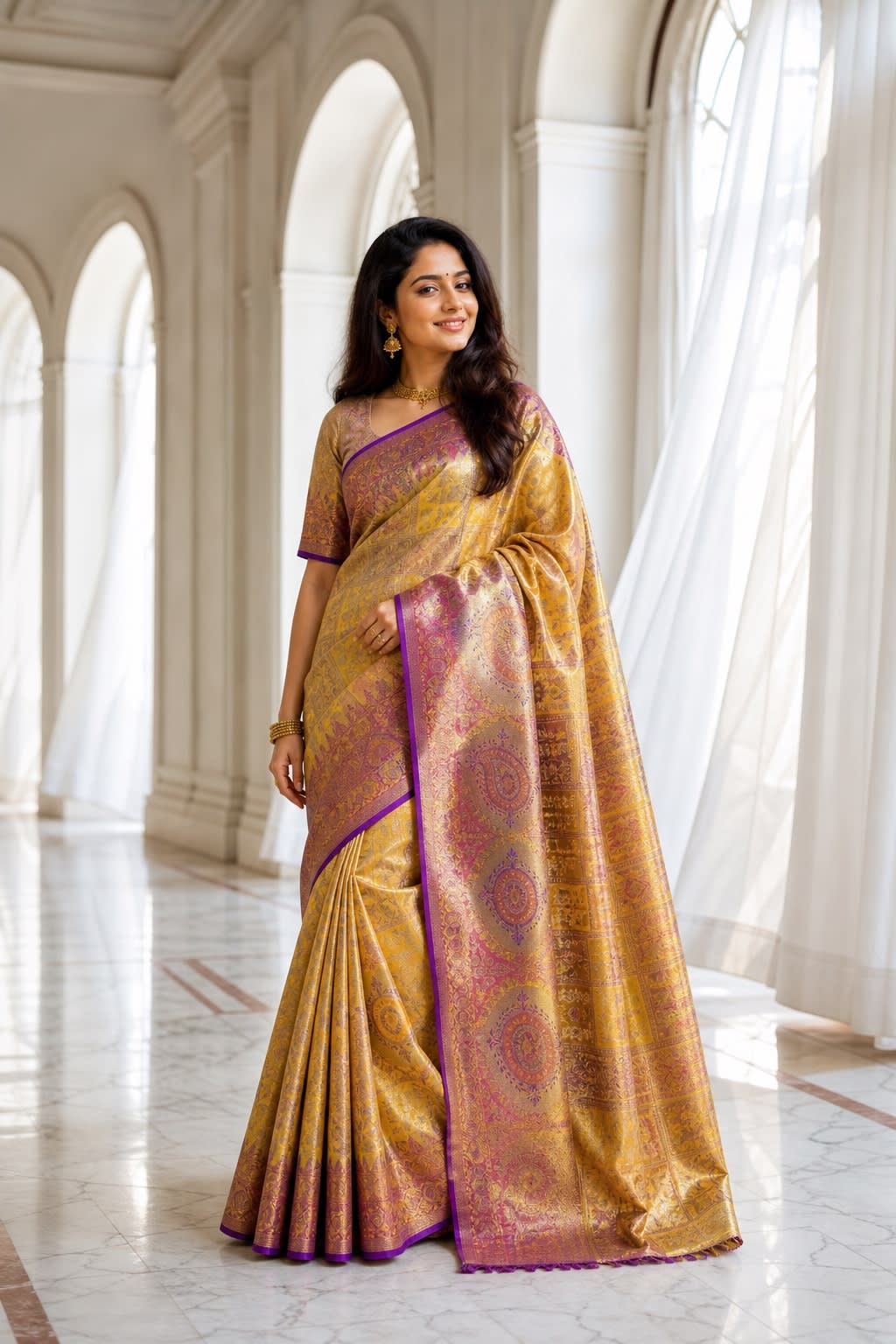 Handloom Lavender With Pink And Gold Silk Saree thumbnail 1