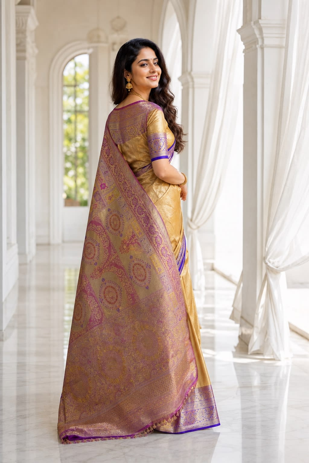 Handloom Lavender With Pink And Gold Silk Saree thumbnail 2