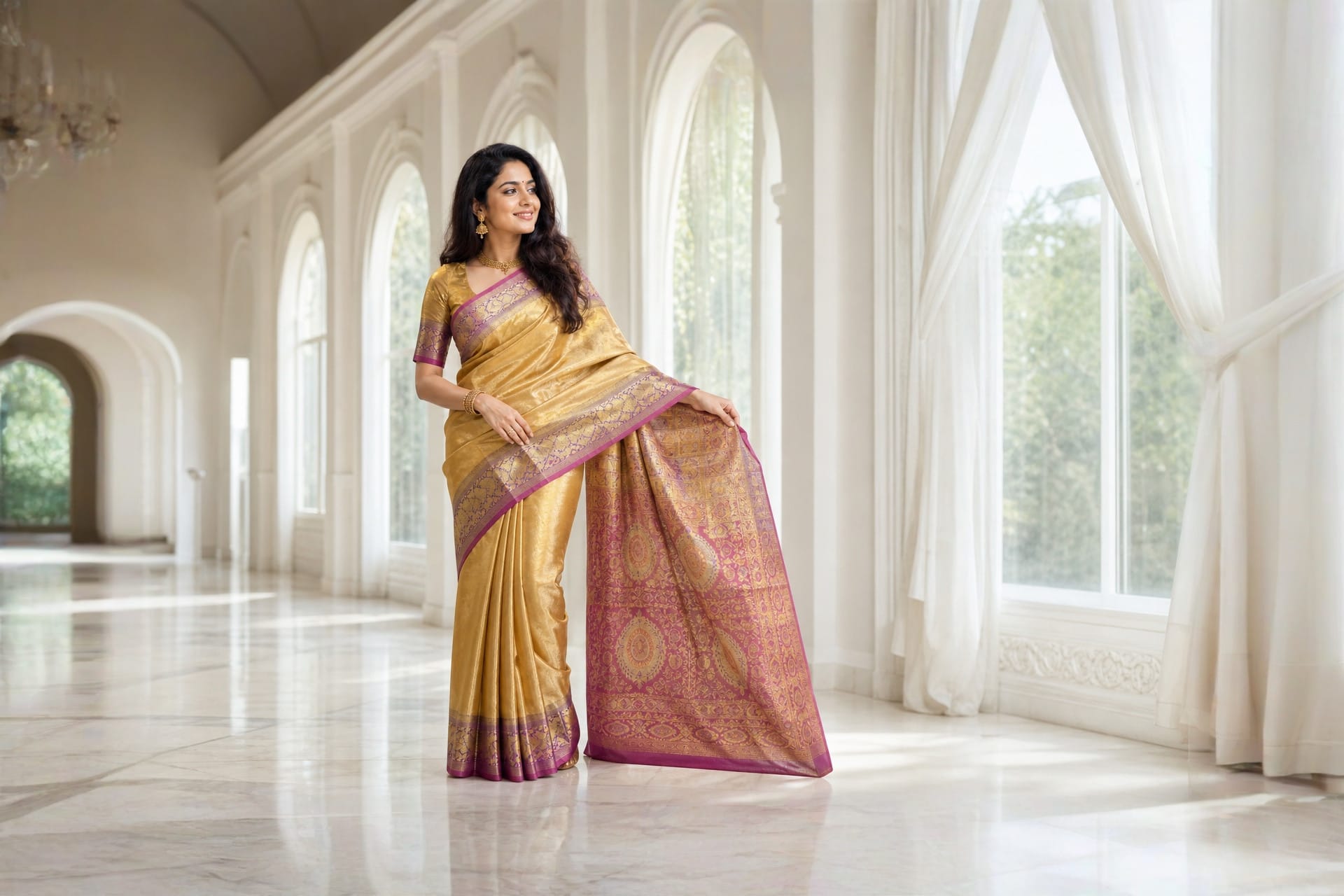 Handloom Lavender With Pink And Gold Silk Saree — the drape